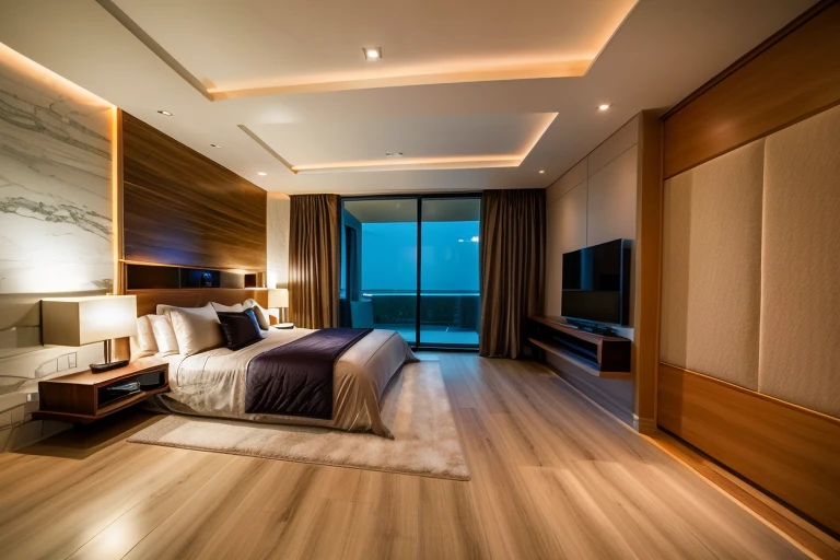 luxury master bedroom, timber floor, marble wall, night time, warm lighting RAW Photo, RAW texture, Super Realistic, 32K UHD, DSLR, soft lighting, high quality, film rating, Fujifilm XT3, the corridor behind television wall