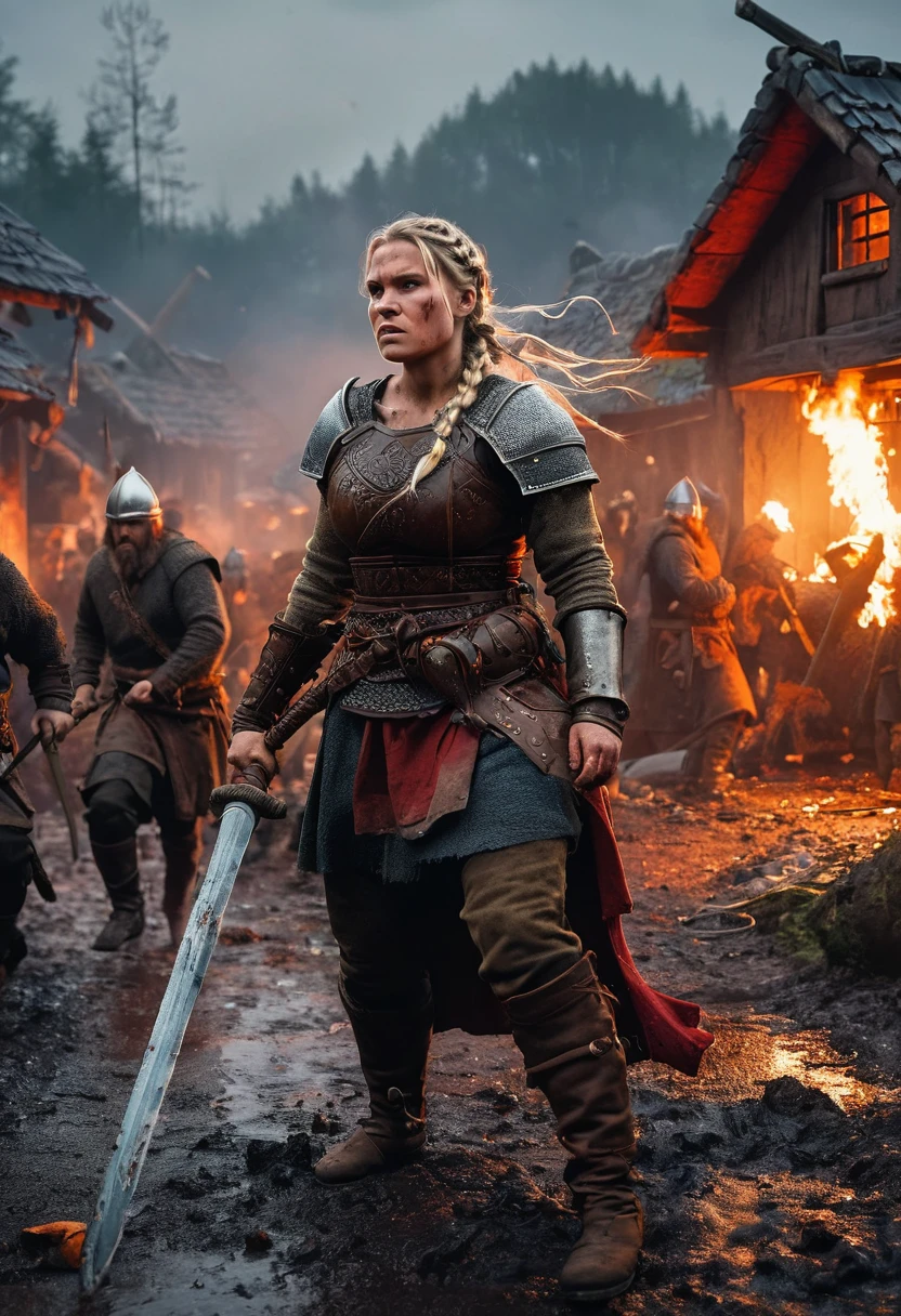 "(best quality, masterpiece:1.2), ultra-detailed, realistic:1.37, Orc assault, scandinavian, viking woman:1.1, (Ingrid Mueller, 35 years old, chubby, natural body, light blonde hair braids, medieval viking clothing), raiding village, brutal battle, burning houses, smoke-filled sky, ferocious expressions, shield and sword, grim determination, muddy battlefield, splattering blood, distressed villagers, chaos and panic, scattered belongings, vivid colors, dark and moody lighting", illustration, 4k, highres