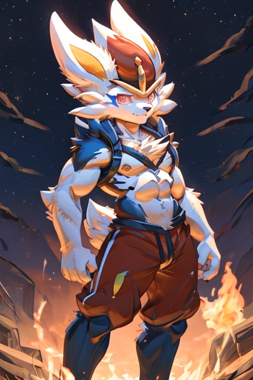 Cinderace,pokemon xd wallpapers by the - art - of - pokemon, an anthro rabbit, sfw version, kemono, official art, most strongest pose, doing a hot majestic pose, anthro art, white rabbit anime, young male anthro, furry anime, furry chest,full body, pokemon,focus eyes,brown eyes, skinny muscle