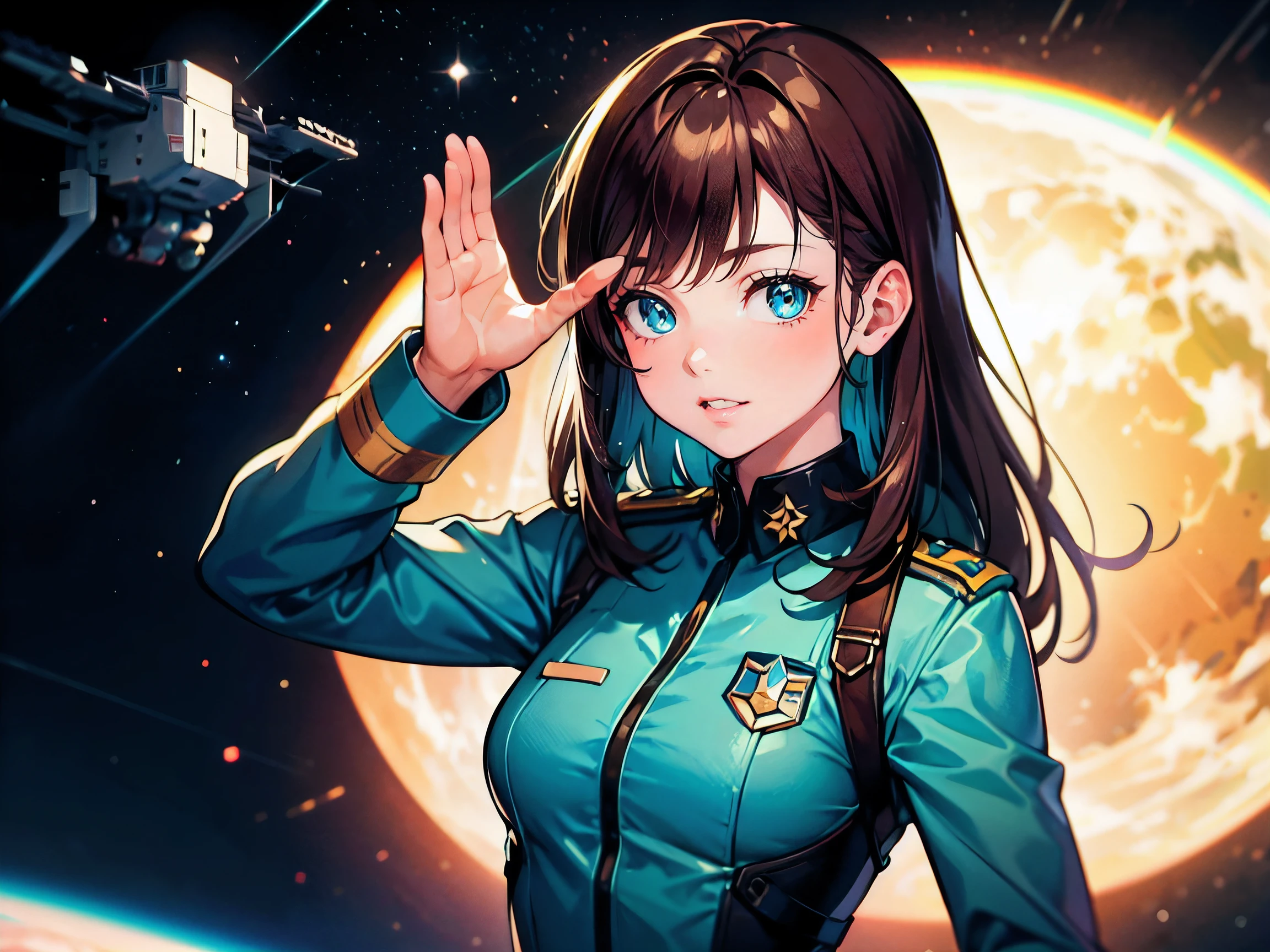 (masterpiece,best quality,ultra-detailed), CG, award winning, ccurate, UHD, textured skin, chromatic aberration, Fujicolor, 1 officer girl wearing military uniform, greeting with salute at early morning, small breast, short, teen, straight long and brown hair, azure eyes, space fleet