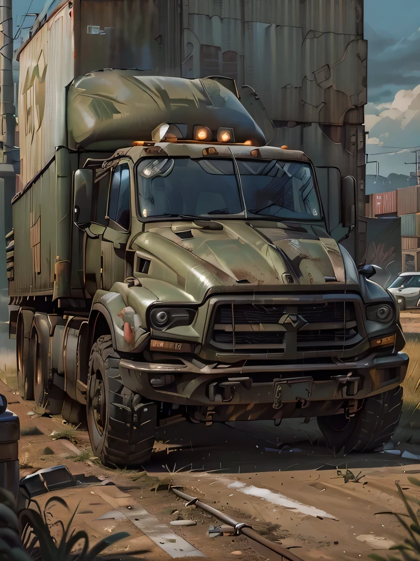 ((masterpiece、highest quality、genuine、Super detailed、High resolution、photorealistic、sharp focus、Live shooting、cinematic lighting))、((vehicle focus、there are no humans))、Huge truck loaded with containers、Long body、A six-tired transport vehicle、Abandoned city at dusk、Olive drab paint、postapocalypse、zeekars