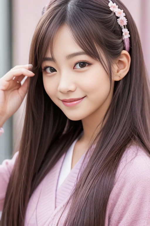 long hair,Mauve pink,false eyelashes,japanese girl,forehead,smile