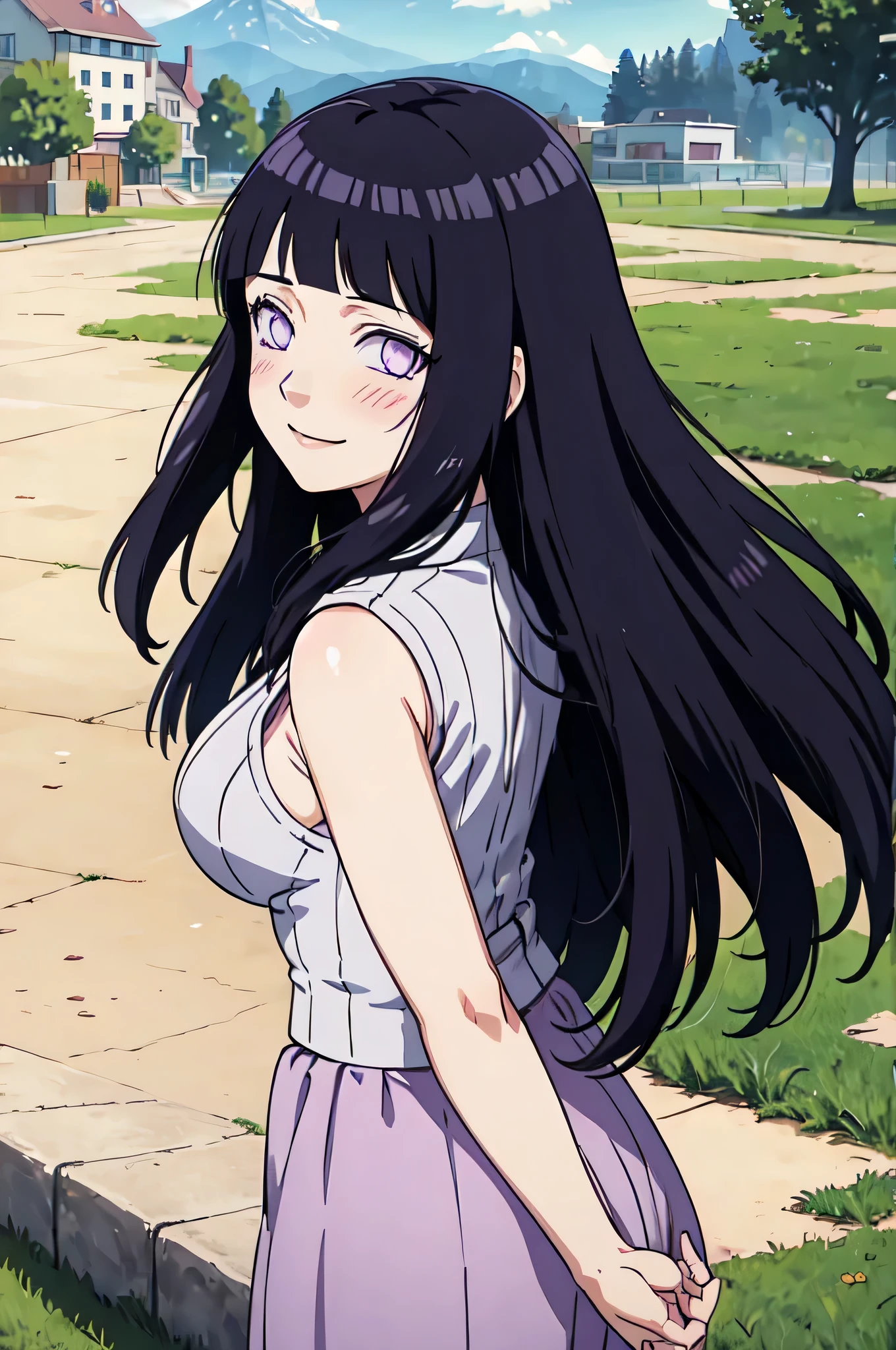 (((masterpiece))), HinataHyuga, blush, smile, 1girl, solo, long hair, looking at viewer, large breasts, black hair, purple eyes, outdoors, sky, sleeveless, looking back, blunt bangs, white eyes,  Northern Europe, 