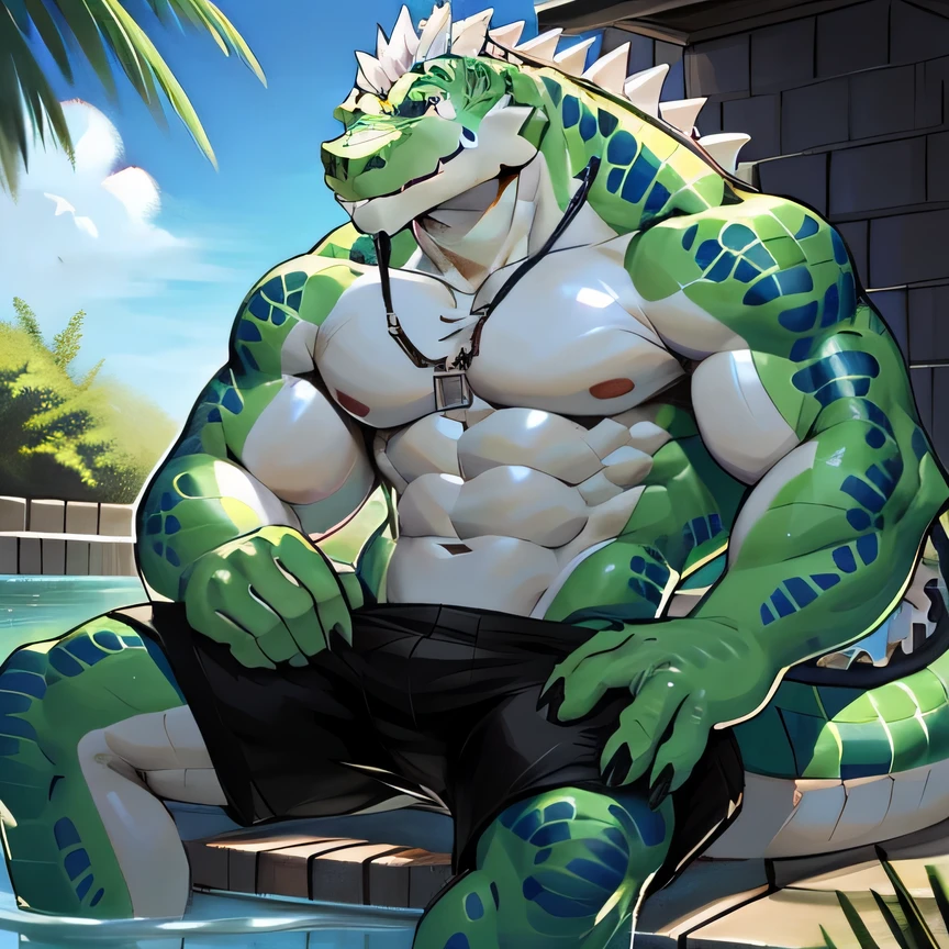 (Morning), 1boy, solo, looking at viewer, summer, smile,Muscular,Middle Age,shirtless,quality,full-color,full body, Exquisite painting style, (scalie), (albino alligator), abs, biceps, red eyes, flexing