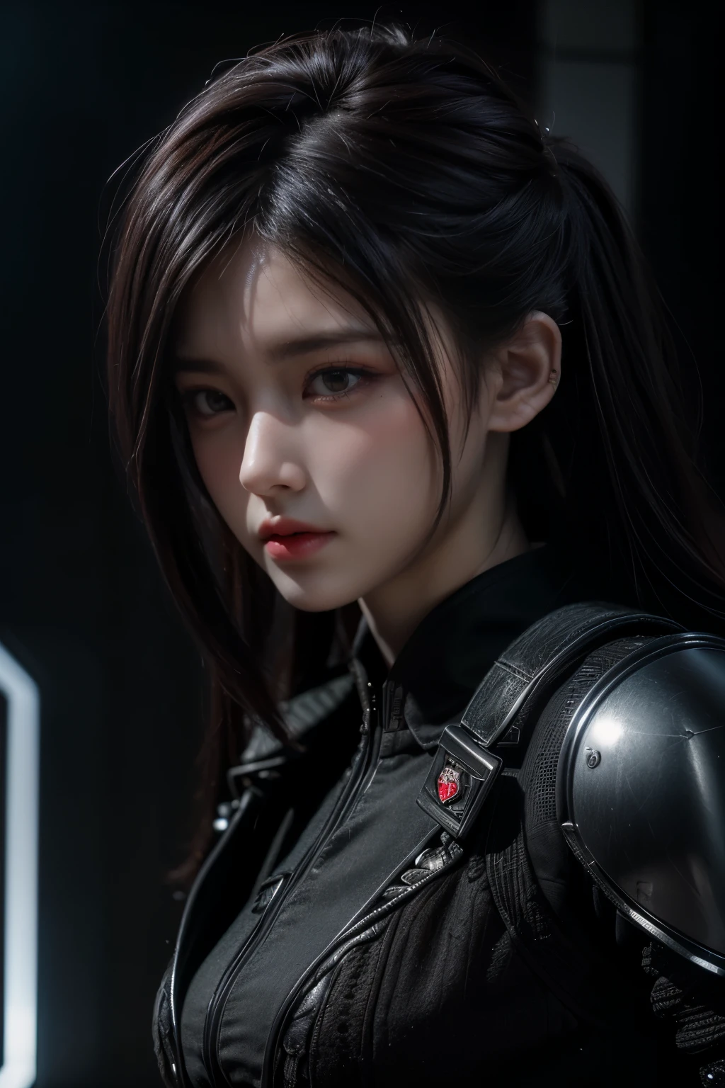 tmasterpiece,Best quality,A high resolution,8K,(Portrait photograph:1.5),(ROriginal photo),real photograph,digital photography,(Combination of cyberpunk and fantasy style),(Female soldier),20 year old girl,random hair style,By bangs,(Red eyeigchest, accessories,Redlip,(He frowned,Sneer),(Cyberpunk combined with fantasy style clothing,Openwork design,joint armor,police uniforms,Racing Girl Coat),exposing your navel,Photo pose,Realisticstyle,Thunder and lightning on rainy day,(Thunder magic),oc render reflection texture