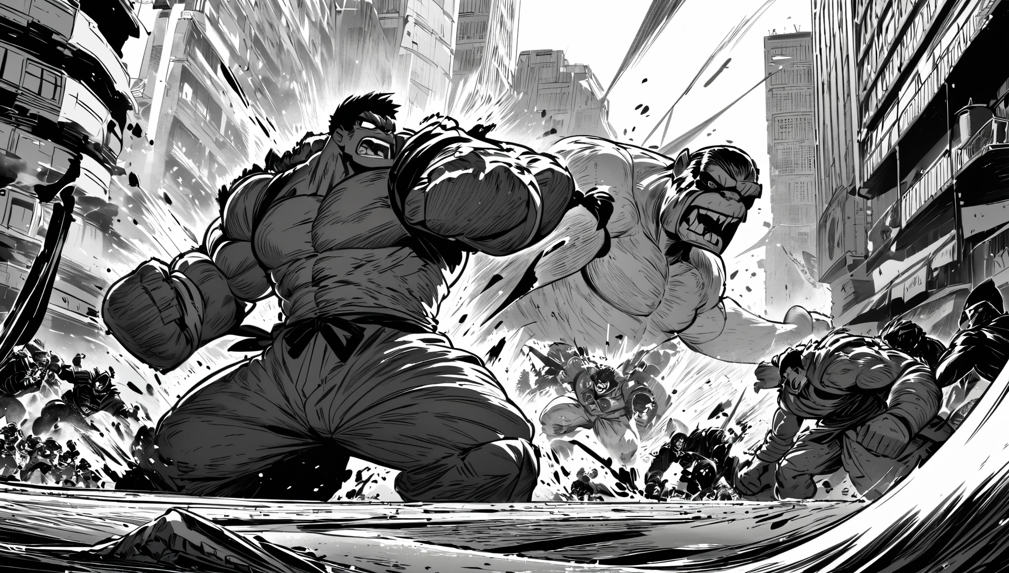 (Black and white Anime Line Art)(Line Art) A giant robot ninja does battle with a mutant gigantic monkey, they are brawling in downtown tokyo