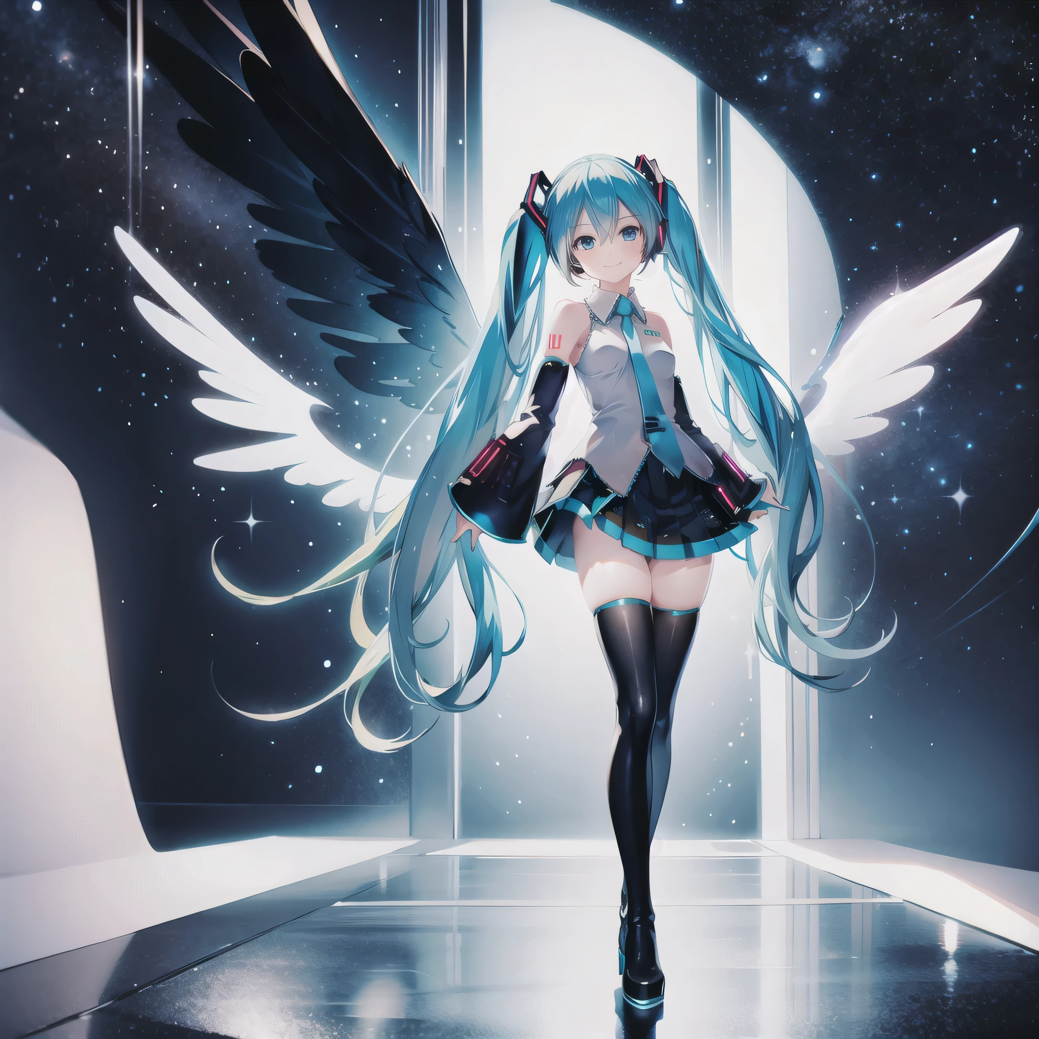 (best quality, masterpiece, high resolution, ultra detailed, illustration, detailed skin, intricate eyes, perfect anatomy, detailed face:1.2), (solo, hatsune miku:1.5), (pretty face, short stature), BREAK (smirk, head tilt:1.5), (full body, from front, standing with spread legs, universe, shining wings:1.8), BREAK (solid white blouse with blue edge, solid white sleeveless clothe with blue edge, solid white collar), BREAK (black independent sleeves, black detached sleeves) BREAK (black pleated skirt, skirt hem blue), BREAK (black thighhigh boots:1.2), BREAK (medium breasts, thin waist:1.7), (thick thighs:1.5)