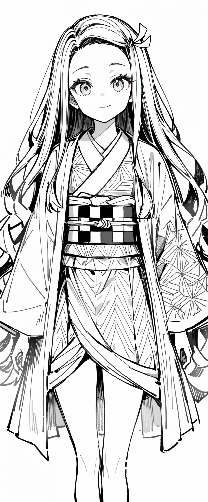1 girl, female focus, Nezuko,Demon slayer, ((line art:black and white)),Zentangle Elements,rendering,intricate details,Highestの構図,perfect composition,An illustration,nice,Highest,Highestにクール,anatomically correct,structurally correct,draw with thick lines,coloring book,draw with thick lines,clear,line drawing background, white background, monochrome, line drawing, ((sketch))