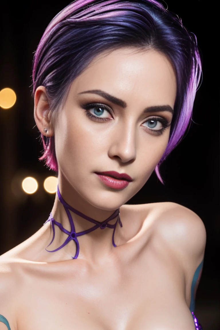 Masterpiece, Jinx from Arcane, short hair, intricately detailed background, (UHD, 8K wallpaper, High resolution), Cinematic lighting, award-winning, extremely detailed skin, extra detailed face, high detail eyes, photo-realistic, Zeiss 85 mm F/1.4, by Ellen von Unwerth