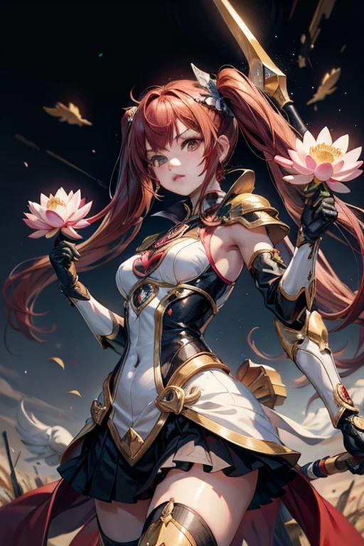 Magical girl,The main color of the screen is red,The girl was armed with a spear,There is a magic array in the background,The girl has red twin tails,The spear should stand out in the picture,The picture should have a lot of red lotus elements