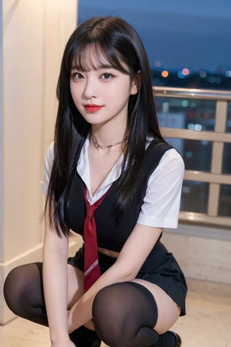 (8K), (highest quality: 1.2), (realistic), (realistic: 1.37), ultra high resolution, (1 girl, cute, smile, closed mouth, thick lips,red lip,beautiful details, beautiful nose, (straight black hair), giant dulcefo, self snap,(school uniform),white shirt,tie,pleated skirt,(black knee high socks),Squatting in the city at night, From above,close up of face,Unbutton two of your shirts,thin necklace