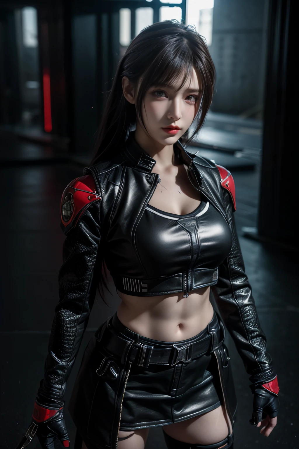 tmasterpiece,Best quality,A high resolution,8K,(Portrait photograph:1.5),(ROriginal photo),real photograph,digital photography,(Combination of cyberpunk and fantasy style),(Female soldier),20 year old girl,random hair style,By bangs,(Red eyeigchest, accessories,Redlip,(He frowned,Sneer),(Cyberpunk combined with fantasy style clothing,Openwork design,joint armor,police uniforms,Racing Girl Coat),exposing your navel,Photo pose,Realisticstyle,Thunder and lightning on rainy day,(Thunder magic),oc render reflection texture