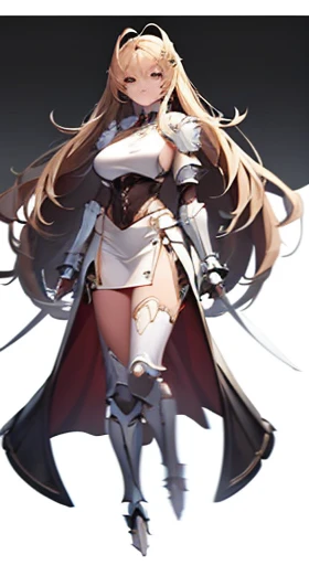 (((Best Quality))) , ((full body)), female, reference sheet, solo, (white background), gloves, crop top, armored dress, 