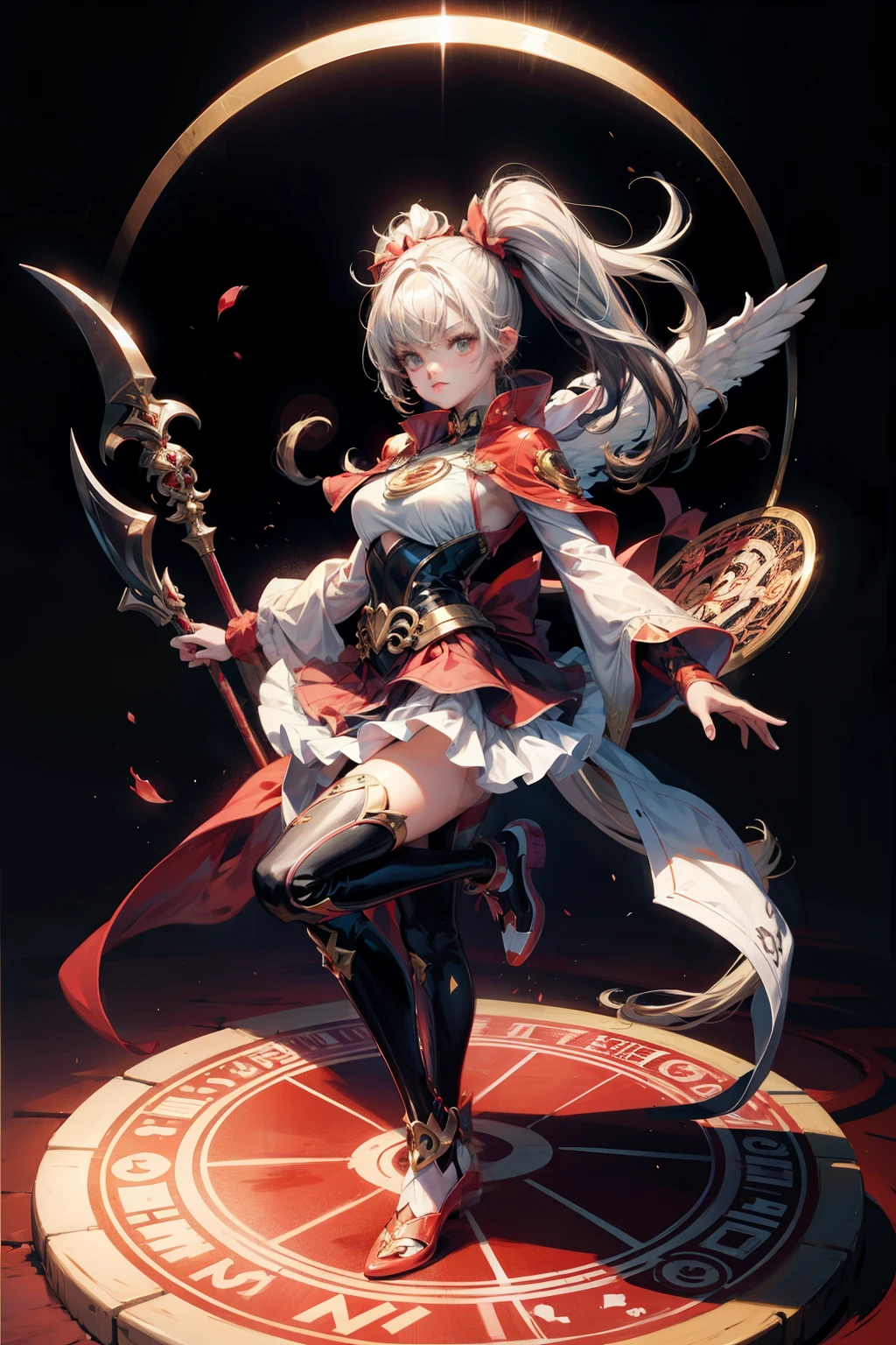 Magical girl，The main color of the screen is red，The girl was armed with a spear，A magic circle with red lotus drawn in the background，The girl has red twin tails，The spear should stand out in the picture