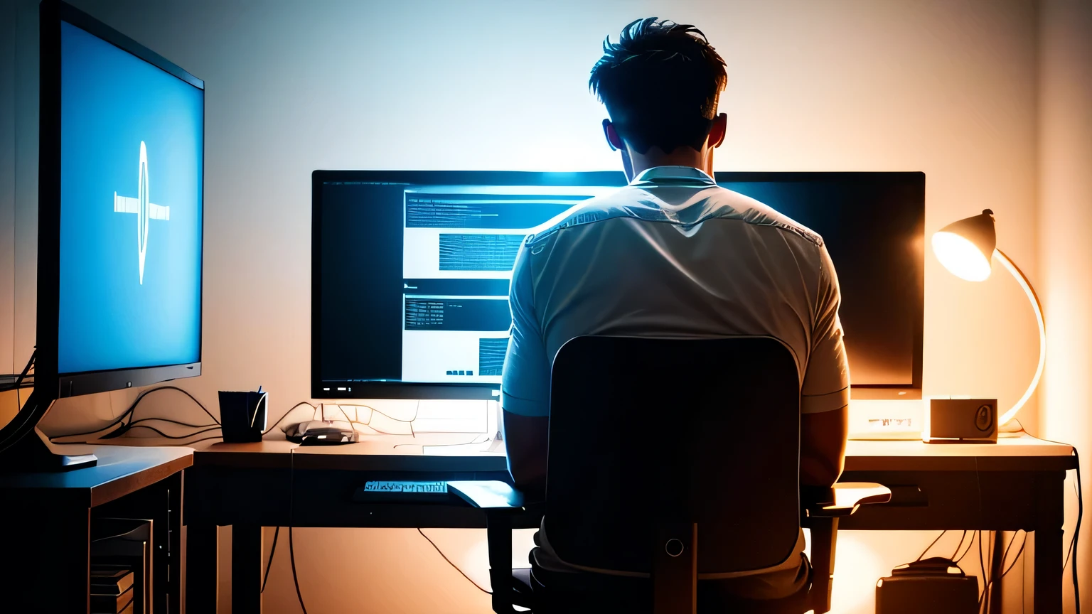 man in a dark room sitting in front of a computer, the light from the monitor slightly illuminates the room, hyperrealism, 8 k