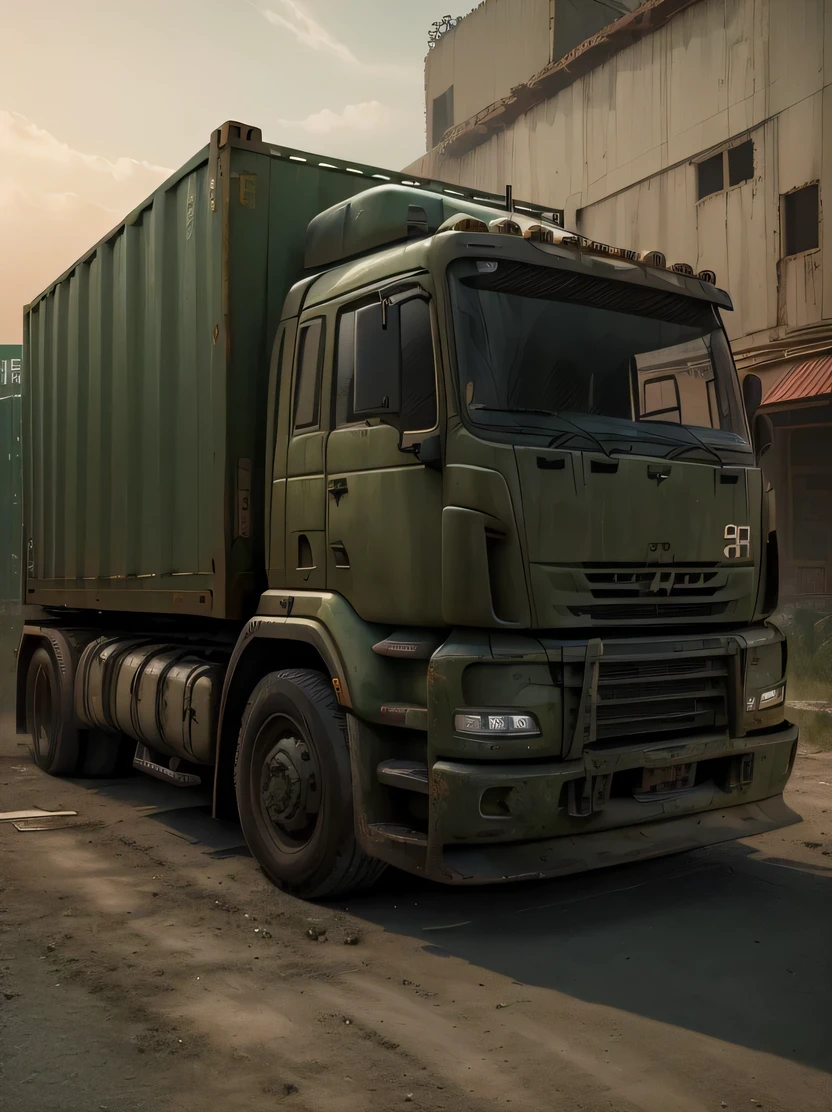 ((masterpiece、highest quality、genuine、Super detailed、High resolution、sharp focus、Live shooting、cinematic lighting))、((vehicle focus、there are no humans))、Huge truck loaded with containers、Long body、A six-tired transport vehicle、Abandoned city at dusk、Olive drab paint、postapocalypse、zeekars