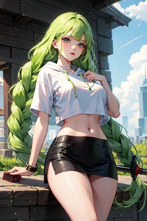 cute, green hair,landmine,game,swordsman,fantasy, mini skirt, crop top look, short sleeve hoodie, big breasts, 2 long thick braids, bangs