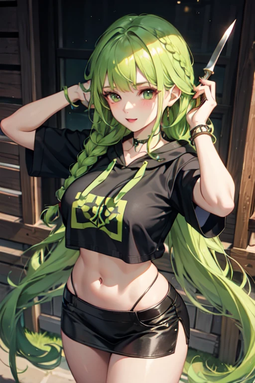 cute, green hair，landmine，game，swordsman，fantasy, mini skirt, crop top look, short sleeve hoodie, big breasts, 2 long thick braids, bangs