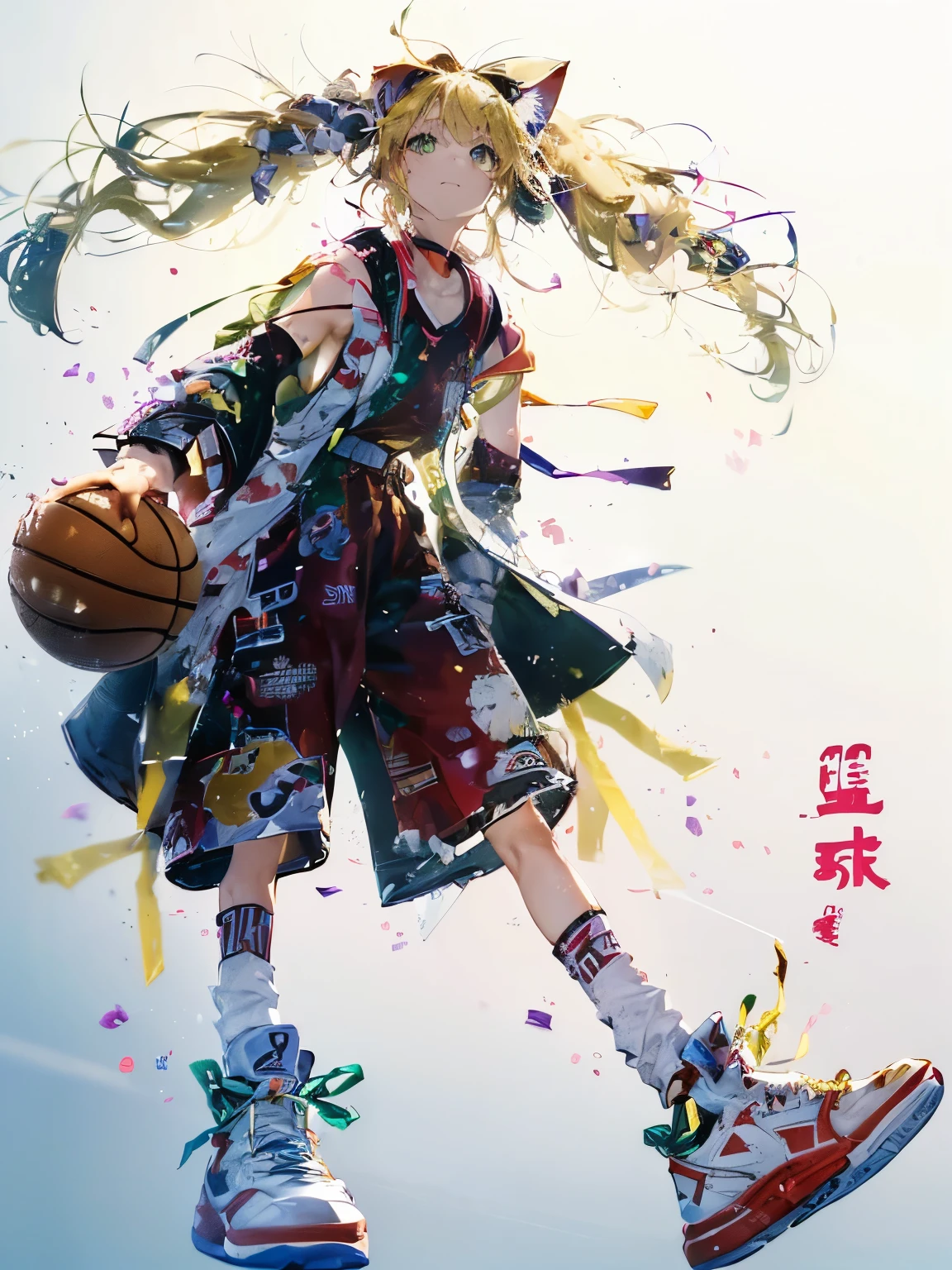 (girl:1.3), 1girl, (複雑なbasketball会場の背景:1.5), (basketball:1.5), rainbow background, ultra detailed rest ,Rainbow Effect, (big、basketball比赛着、chest exposed:1.5), big乳房, Side milk, ユニフォームの横からchest exposedする、  fine jewelry, rest, (The head is equipped with cat-ear precision goggles..:1.5), (Perfect blond hair、long ponytail:1.5),4K Detailed Anime Art, 4k digital art, 8k wallpaper, best quality,cinematic movie, lens flare,(basketball比赛:1.3)、(anger, Smile, Margin、Bullish look:1.3),、High resolution and detailed eyes、High resolution pupil、(green eyes:1.5),(Face focus:1.5),(Aim at the goal in front of you:1.3)、Quick dribbling moves、drama、thermal、wonderful、Sweat、basketball選手、Intense competition、Rabid、Super star、big胆运球、(running、forward leaning posture:1.5)、open mouth、(Horizontal section:1.5)、(ストリートbasketball:1.5)、Shooting with the ball、(Chest zoom:1.5),(Upper body zoom:1.3)、詳細なbasketball、(Detailed and accurate basketball goal:1.3)