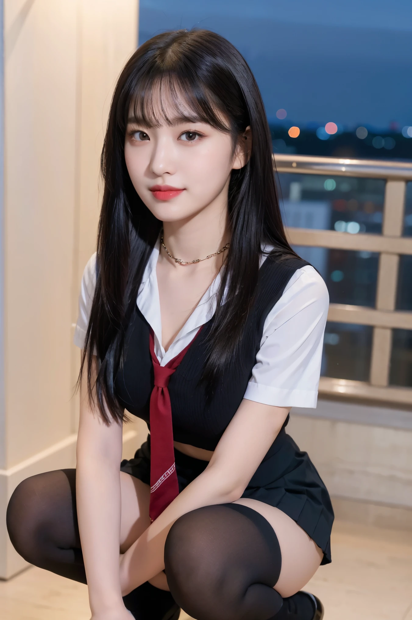 (8K), (highest quality: 1.2), (realistic), (realistic: 1.37), ultra high resolution, (1 girl, cute, smile, closed mouth, thick lips,red lip,beautiful details, beautiful nose, (straight black hair), giant dulcefo, self snap,(school uniform),white shirt,tie,pleated skirt,(black knee high socks),Squatting in the city at night, From above,close up of face,Unbutton two of your shirts,thin necklace