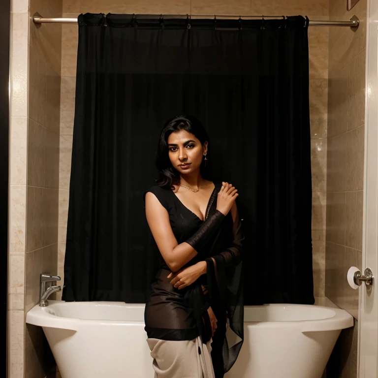 Cute dusky indian aunty in a sexy black saree in bathroom