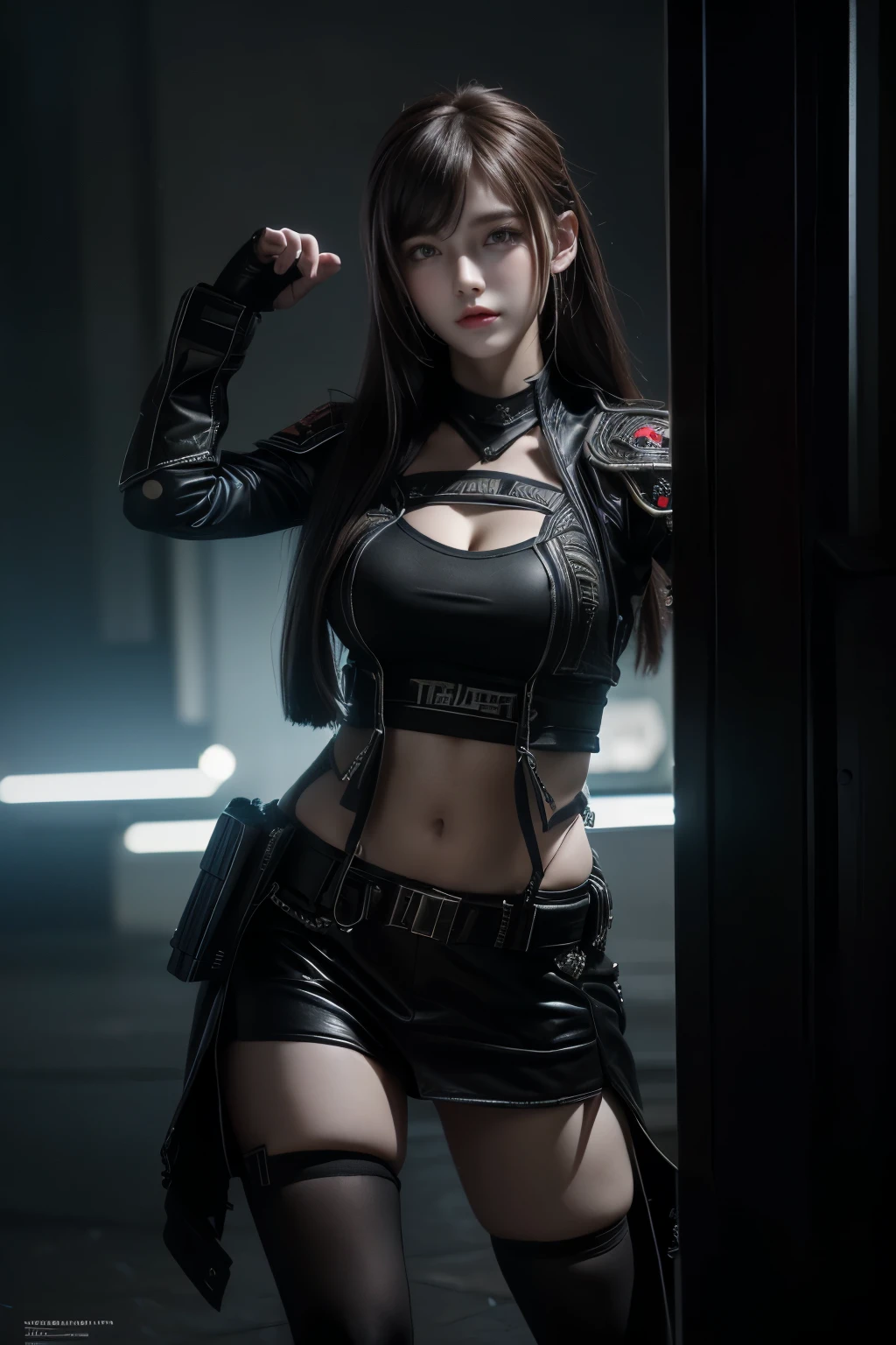 tmasterpiece,Best quality,A high resolution,8K,(Portrait photograph:1.5),(ROriginal photo),real photograph,digital photography,(Combination of cyberpunk and fantasy style),(Female soldier),20 year old girl,random hair style,By bangs,(Red eyeigchest, accessories,Redlip,(He frowned,Sneer),(Cyberpunk combined with fantasy style clothing,Openwork design,joint armor,police uniforms,Racing Girl Coat),exposing your navel,Photo pose,Realisticstyle,Thunder and lightning on rainy day,(Thunder magic),oc render reflection texture