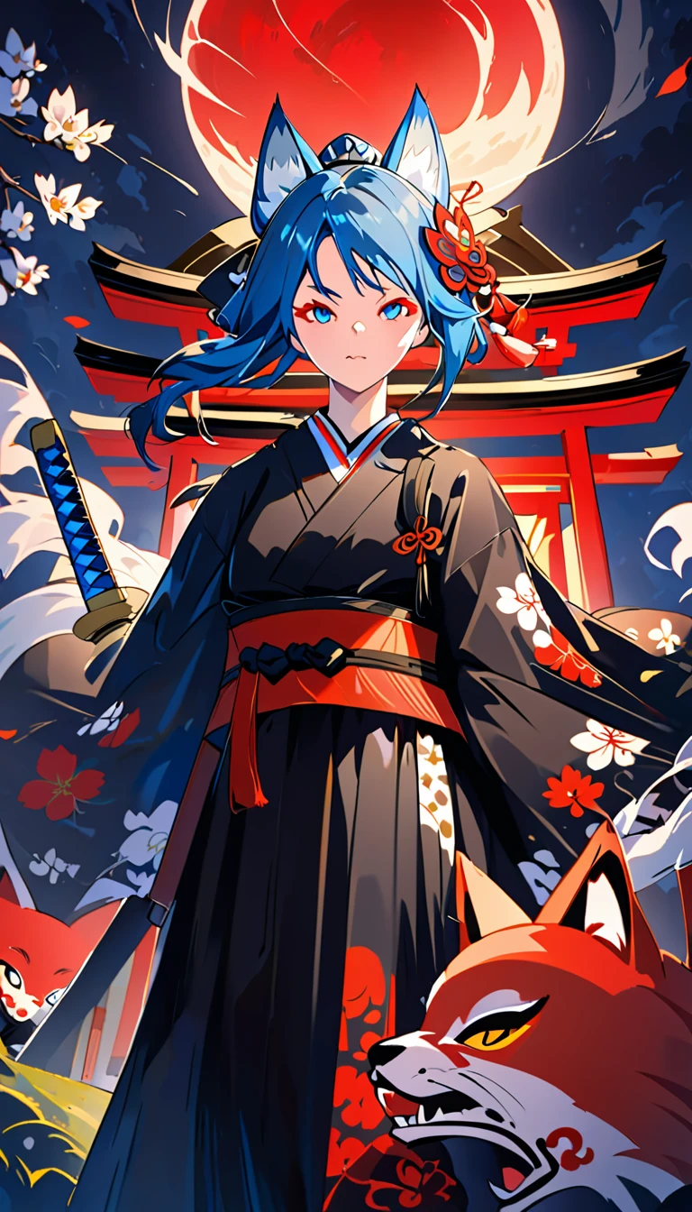 A beautiful woman with long blue hair and orange cat-like eyebrows is standing with a full moon and a solemn shrine in the background on a dark night, wearing a Japanese-style fox mask with a precise mechanical finish and red pattern on her head, holding a black Japanese sword that shines with a dull blue color, wearing a black kimono with silver fleur-de-lis embroidery fluttering in the wind and a deep blue obi tied around her waist.