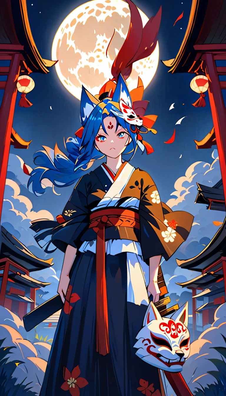 A beautiful woman with long blue hair and orange cat-like eyebrows is standing with a full moon and a solemn shrine in the background on a dark night, wearing a Japanese-style fox mask with a precise mechanical finish and red pattern on her head, holding a black Japanese sword that shines with a dull blue color, wearing a black kimono with silver fleur-de-lis embroidery fluttering in the wind and a deep blue obi tied around her waist.