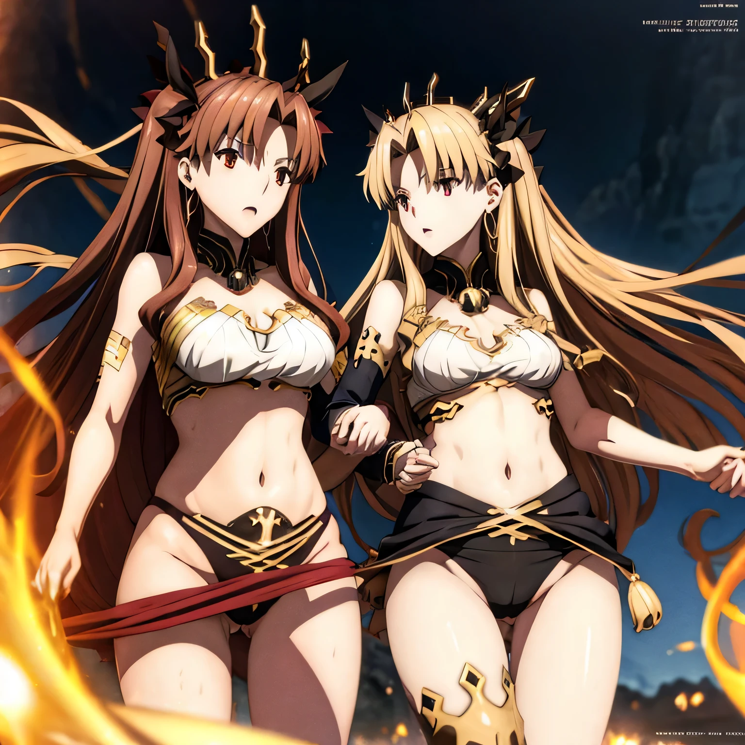 Ishtar and Ereshkigal, two anime girls dressed in costumes and holding hands on their hipss, characters from azur lane, anime maids riding early tanks, from the azur lane videogame, two beautiful anime girls, azur lane style, ecchi anime style, official anime artwork, range murata and artgerm, anime girls, maid outfit, black-white skintight robes!