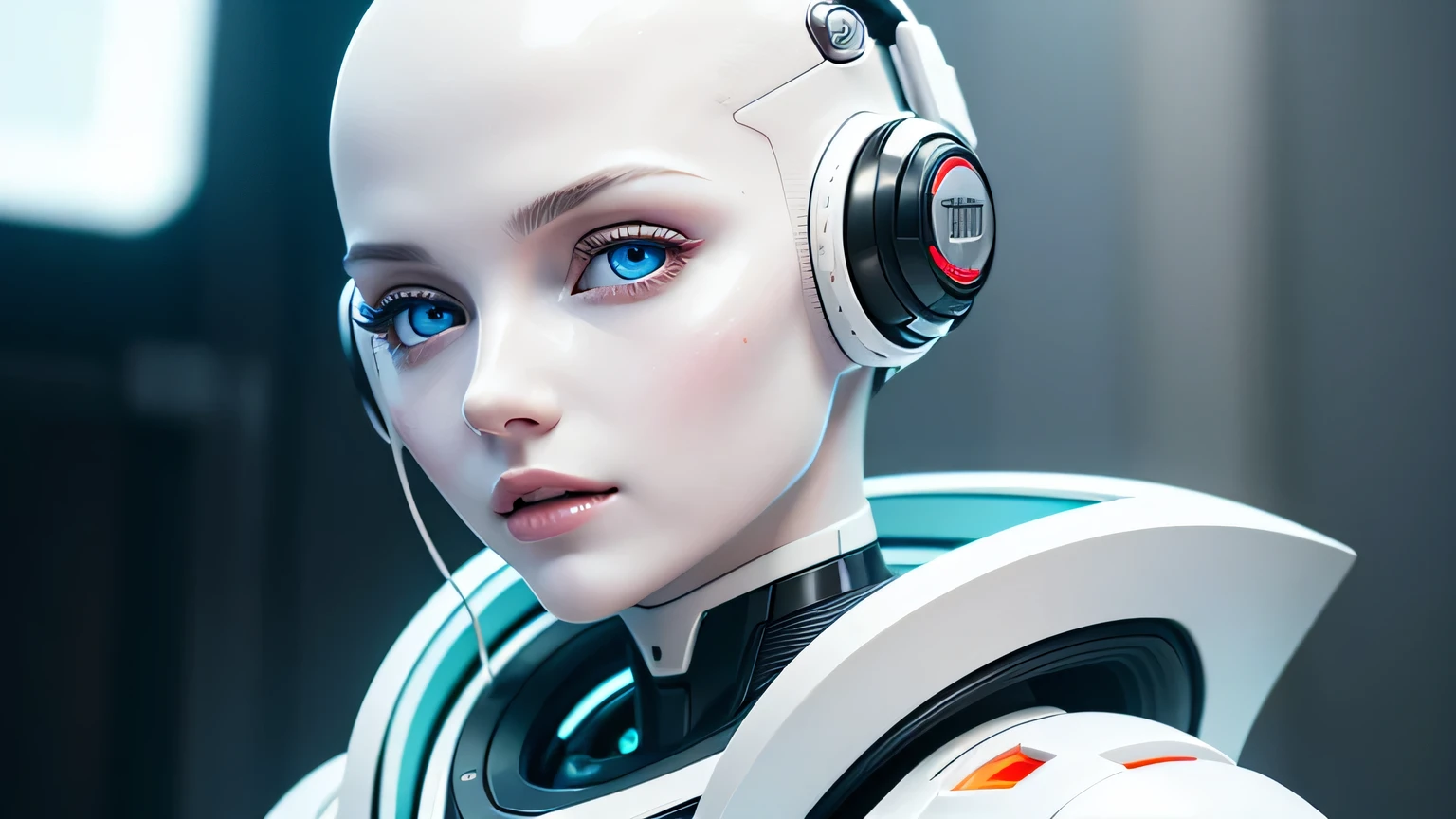 Futuristic white polymer android among people. Gynoid, pastel shades, neoteka, smooth, a photo of a beautiful (Sweet Linda) (The fembot), ((bald)) (Plastic white android head) (perfect teeth), with blue eyes (upper body) (RAW photo), (highly detailed skin:0.8), ray tracing, hyperrealistic, dramatic, 8k UHD, SLR camera, Soft lighting, high quality, granularity, Fujifilm XT3, (RAW photo), (highly detailed skin:0.8)