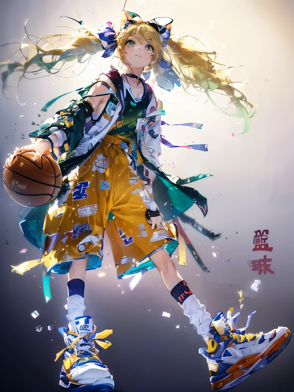 (girl:1.3), 1girl, (複雑なbasketball会場の背景:1.5), (basketball:1.5), rainbow background, ultra detailed rest ,Rainbow Effect, (big、basketball比赛着、chest exposed:1.5), big乳房, Side milk, ユニフォームの横からchest exposedする、  fine jewelry, rest, (The head is equipped with cat-ear precision goggles..:1.5), (Perfect blond hair、long ponytail:1.5),4K Detailed Anime Art, 4k digital art, 8k wallpaper, best quality,cinematic movie, lens flare,(basketball比赛:1.3)、(anger, Smile, Margin、Bullish look:1.3),、High resolution and detailed eyes、High resolution pupil、(green eyes:1.5),(Face focus:1.5),(Aim at the goal in front of you:1.3)、Quick dribbling moves、drama、thermal、wonderful、Sweat、basketball選手、Intense competition、Rabid、Super star、big胆运球、(running、forward leaning posture:1.5)、open mouth、(Horizontal section:1.5)、(ストリートbasketball:1.5)、Shooting with the ball、(Chest zoom:1.5),(Upper body zoom:1.3)、詳細なbasketball、(Detailed and accurate basketball goal:1.3)