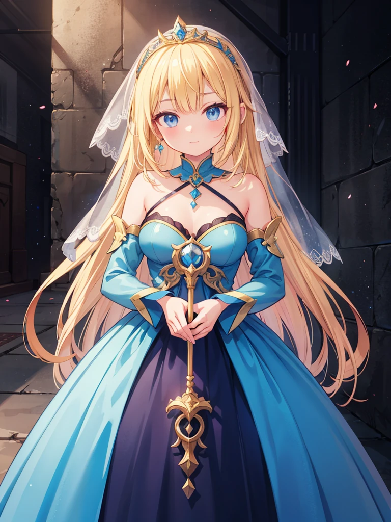 blond haired woman in blue dress with veil and veil over head, beautiful fantasy maiden, detailed fantasy art, beautiful fantasy art, blonde - haired princess, artgerm on artstation pixiv, beautiful maiden, ((a beautiful fantasy empress)), 2. 5 d cgi anime fantasy artwork, fantasy art style, detailed digital anime art, fantasy style art