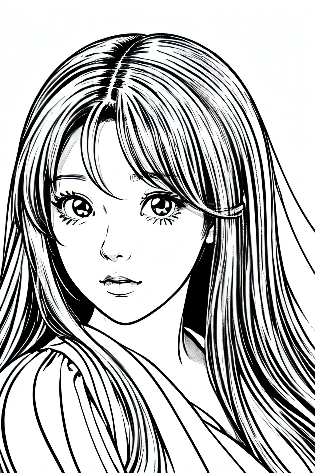 Drawing of a girl with long hair and bow, clean anime outlines, anime sketch, anime long hair girl, anime style painting, anime shadow), perfect lines, anime drawing, clean lines, Thick black line drawing, Very cute anime girl face, line drawing!!, thick line art, realistic young anime girl, young anime girl, line art!!