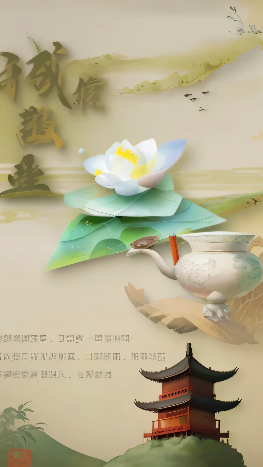 there is a painting,There is a building in the painting,There is a lotus on it, Chinese watercolor style, Chinese painting style, Chinese brush illustration,poster, Chinese style, Chinese ink paintingChinese ink painting, poster, Chinese style, Chinese ink painting, On the promotion of integrity,simple background,Focus on typical、Strong support、Promote consumption、Increase vitality、Excellent environment、Benefiting the people and enterprises,Cultivate honest individuals、Honest Merchant、Honest Enterprise