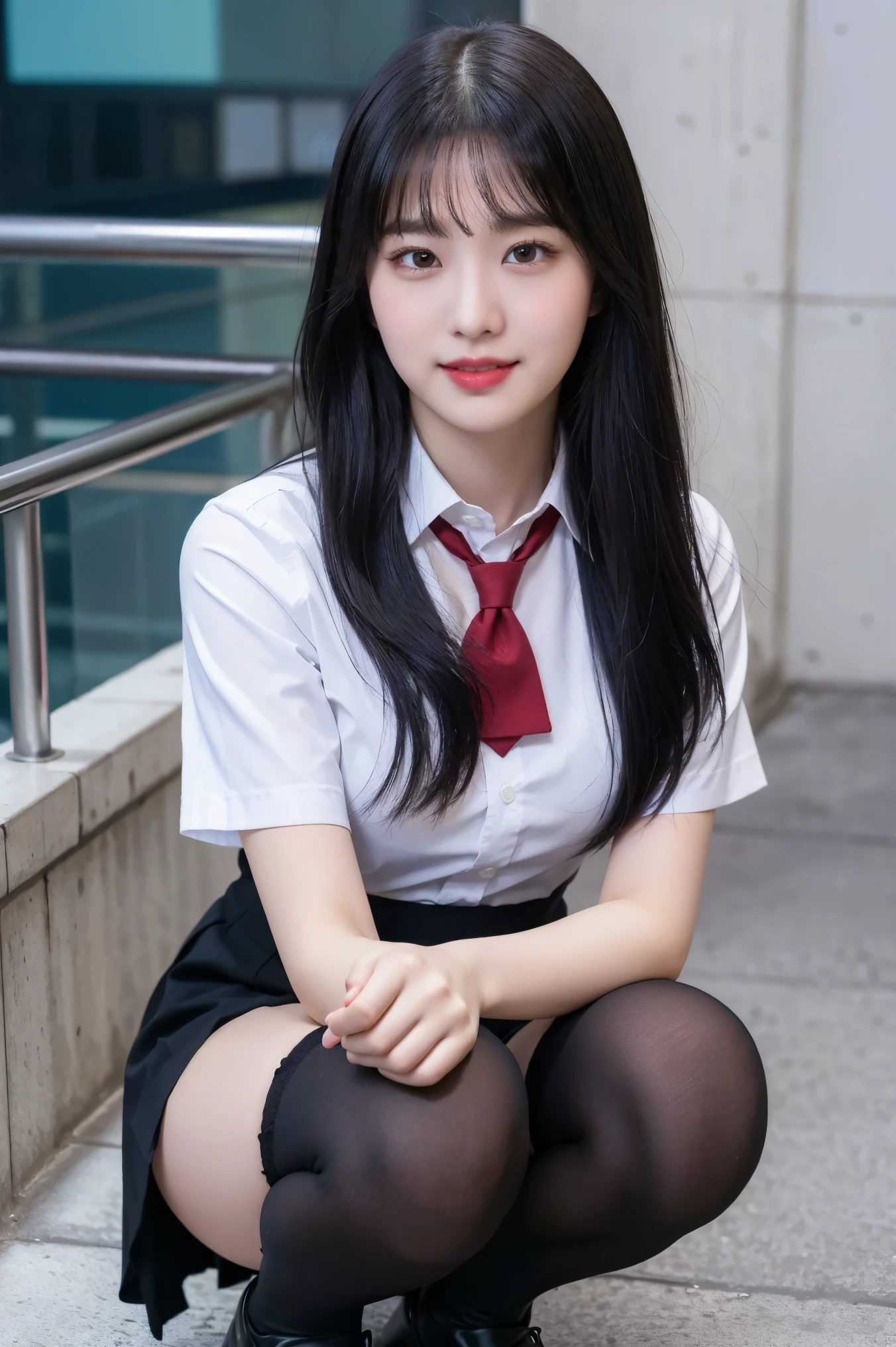 (8K), (highest quality: 1.2), (realistic), (realistic: 1.37), ultra high resolution, (1 girl, cute, smile, closed mouth, thick lips,red lip,beautiful details, beautiful nose, (straight black hair), giant dulcefo, self snap,(school uniform),white shirt,tie,pleated skirt,(black knee high socks),Squatting in the city at night, From above,close up of face,