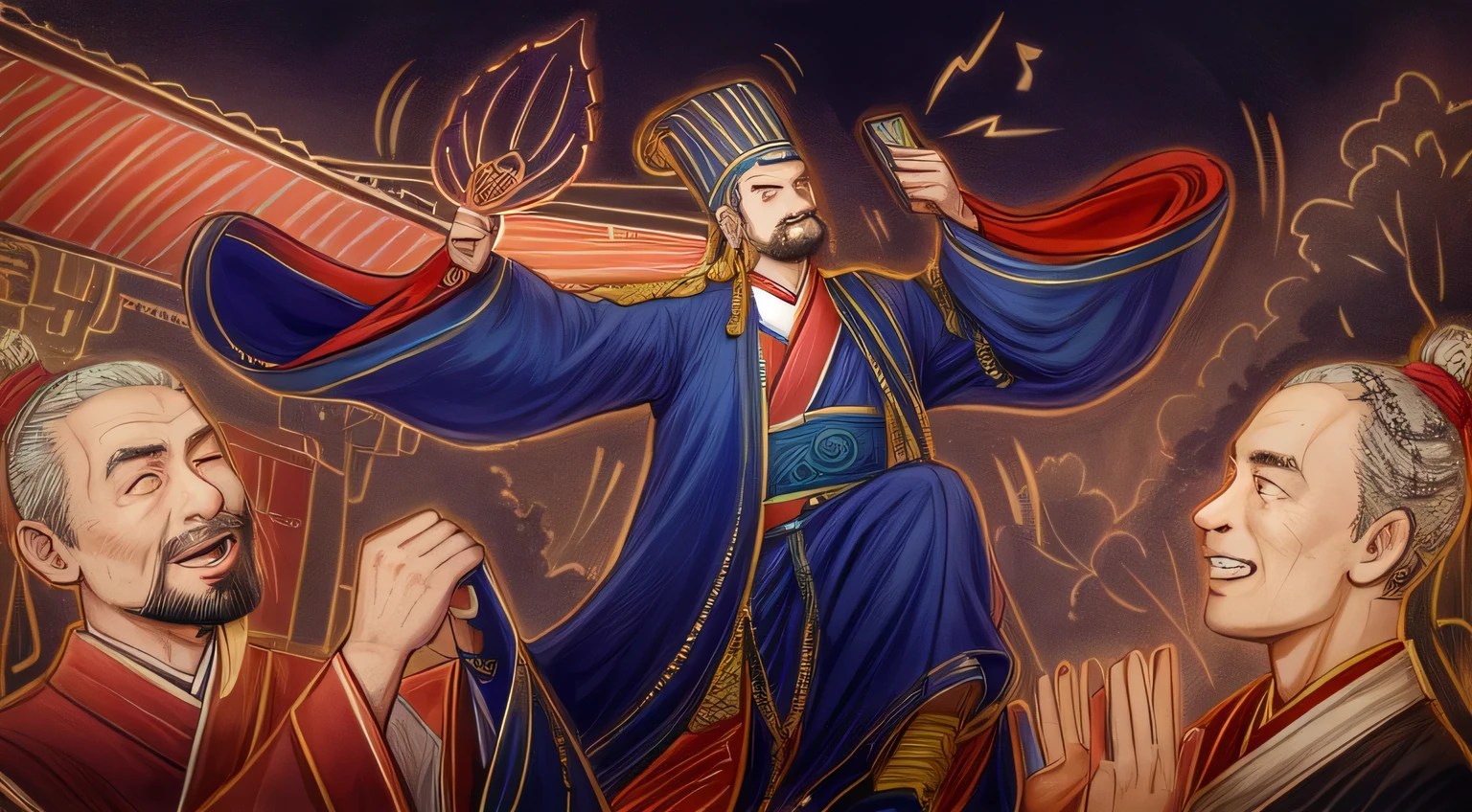 ancient asia men waving a fan