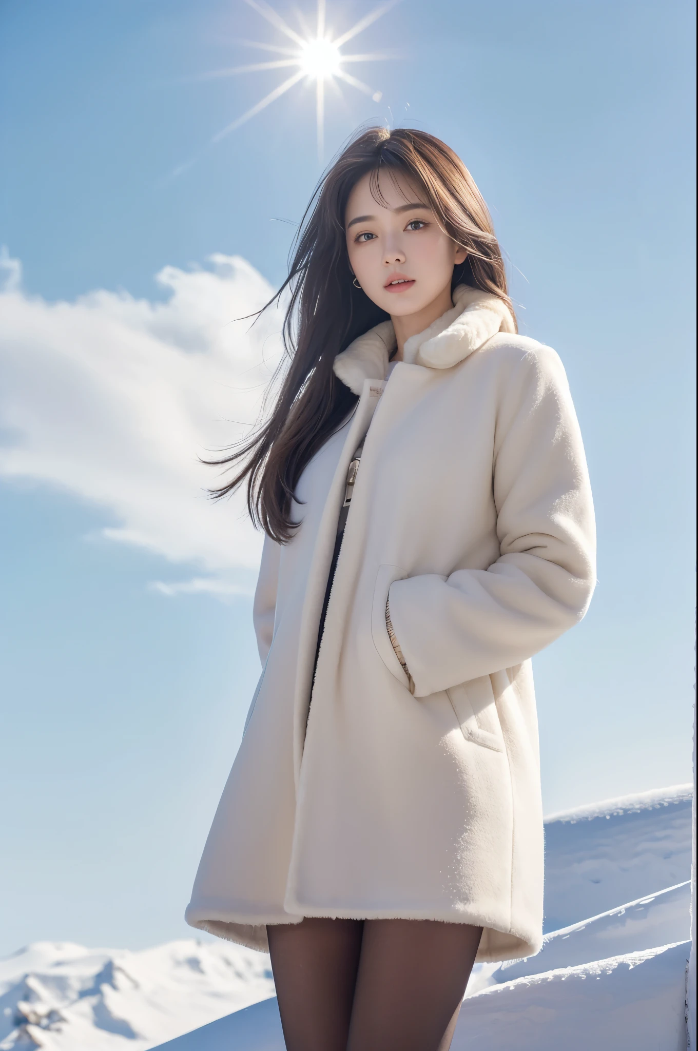 ((masterpiece, 32k,8k,wallpaper, high resolution, H,RAW photos,)),(realistically:1.5),(light),(Detailed fingers),(High detail skin:1.beautiful eyes),1 girl,alone, Winters, Yuki, fur collar wind coat,  Minkitz, lace up pantyhose,(huge snatch),twilight，Cloud，wind，hair flying，