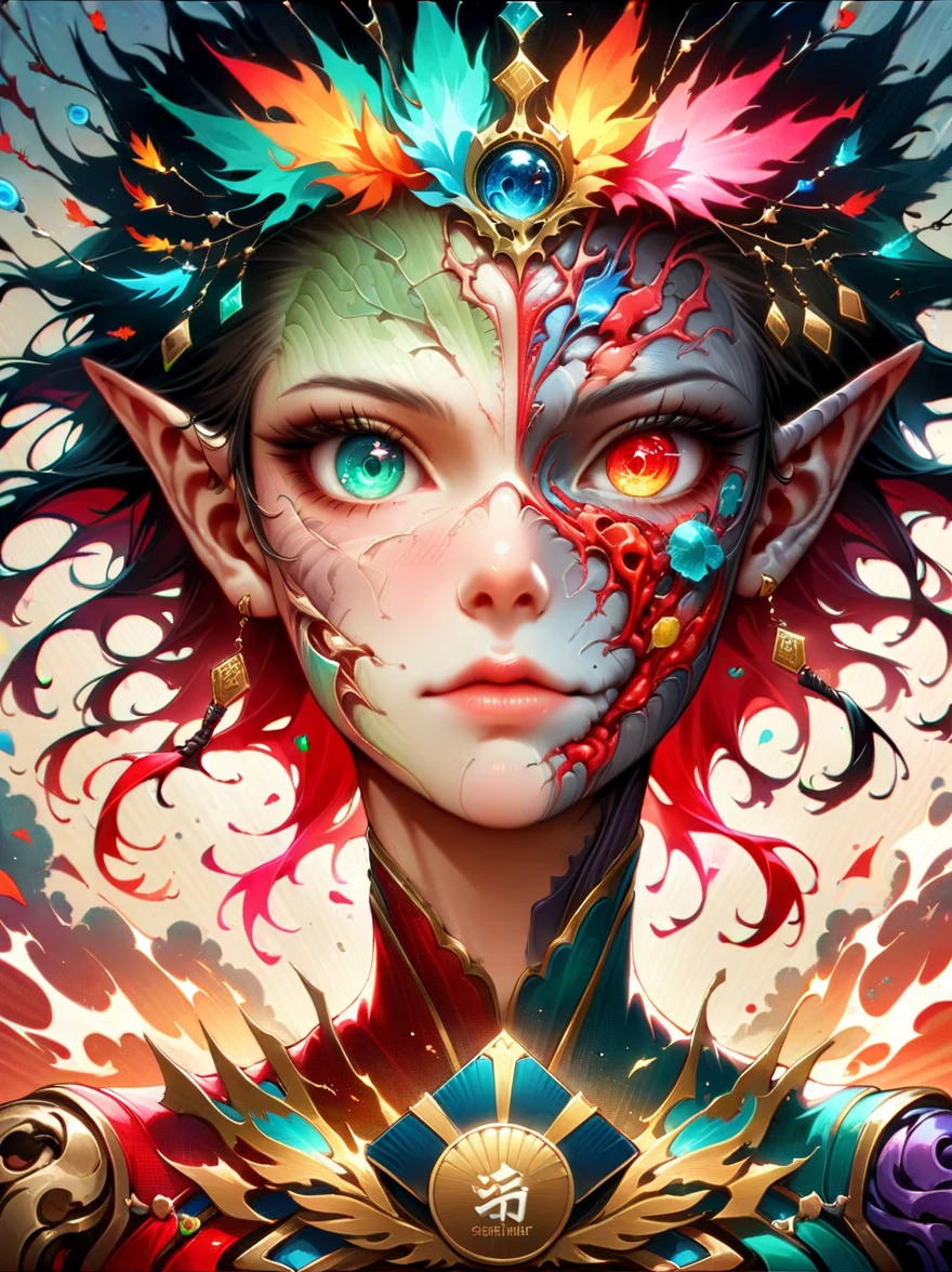 Works of Chinese style masters，shining，dream色彩，art，Ethereal，dream，Beautiful elf beauty，detailed facial features，glowing eyes，Ethereal光辉，Mythology Fairy，composition，Dazzling colors，Stunning visual effects，otherworldly appearance，Fascinating artistry，perfect anatomy，solo，Lovely，kawaii，(first-person view, pov, UHD, retina, masterpiece, ccurate, anatomically correct, textured skin, super detail, award winning, 8k)