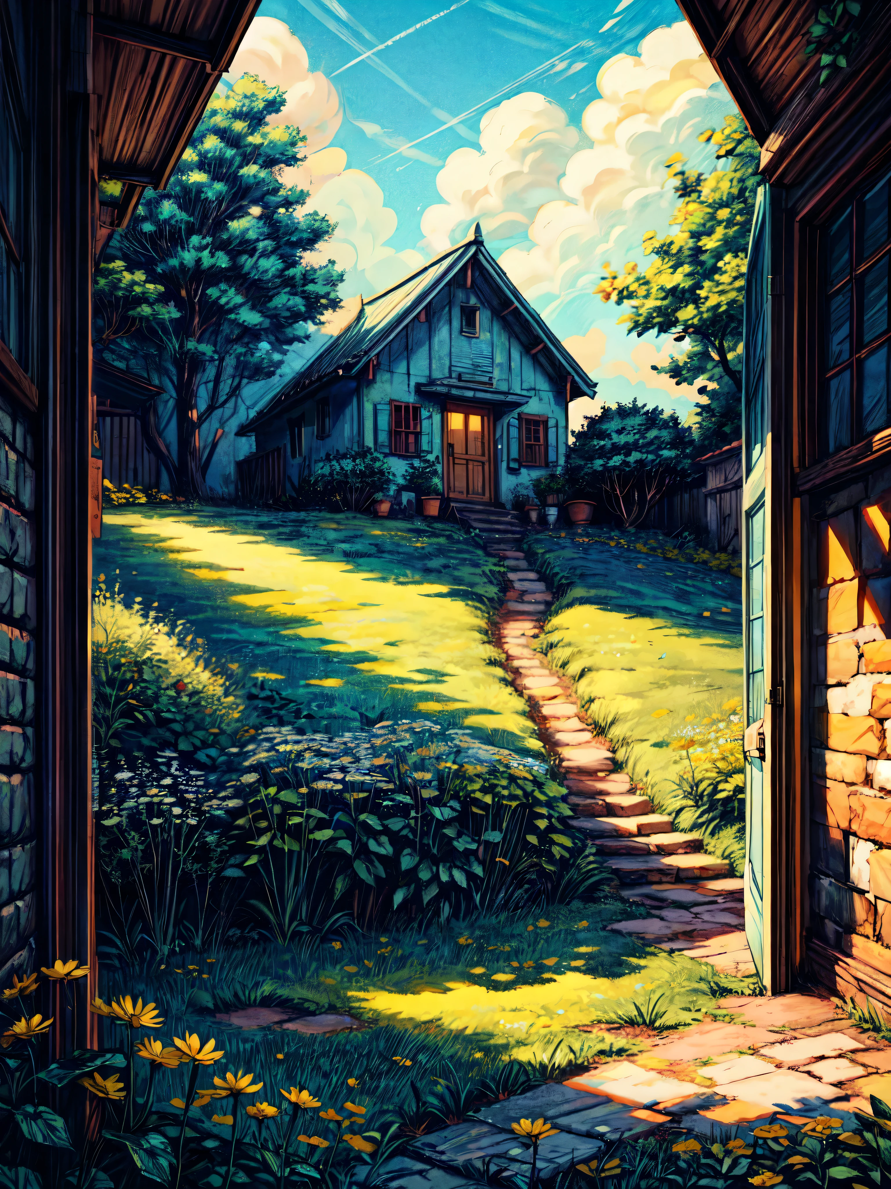wide view, a blue indian hut window, pale yellow curtains, windy environment, plants pots with flowers, aesthetically beautiful, bright blue sky, day light, chill scene, long grass, yellow daisy flowers, vines, vibrant tones, scenery, beautiful ambience, 8k, bright volumetric light, peaceful scene, light shining on part of foliage, micro landscape, intrinsic details