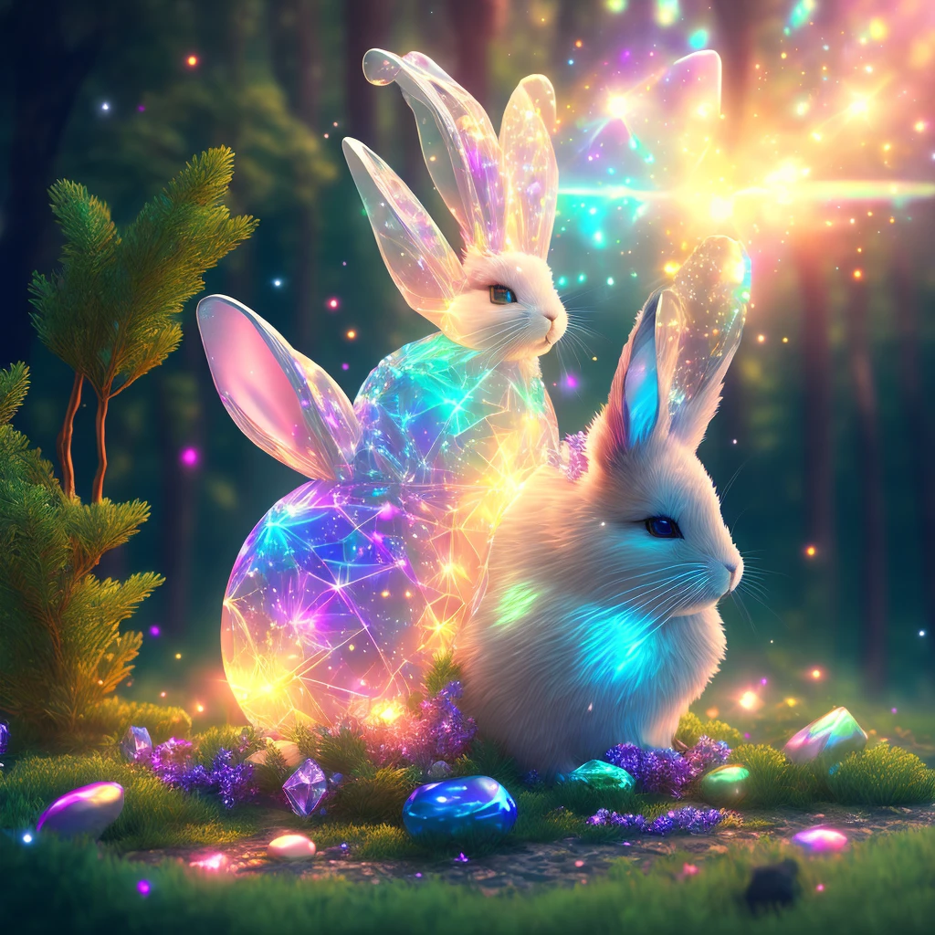 holy light, crystal rabbit, extremely detailed 3d animation, symmetrical rical center, forest background, flashing, bri ght, super clear, transparent, focused light, optics, sur realism, magic, fantasy, composition, rainbow color and starry sky s ky, popular in art station, pearls, 8k, hd