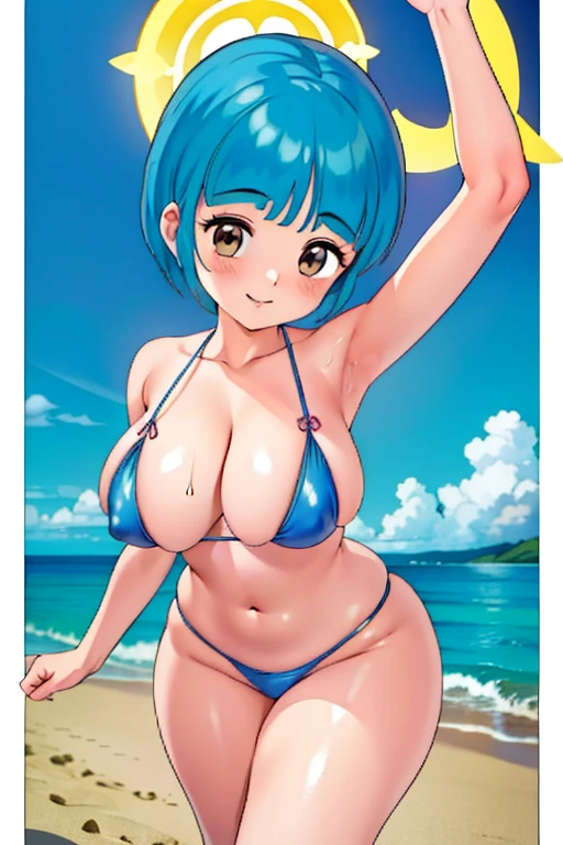 retro artstyle、watercolor paiting、curvy, wide hips,(masterpiece、8k wallpaper、top-quality)、(The best lighting、Best Shadows、extremely delicate and beautiful)、ultra-detailliert、intricate detailes、colourfull、Rich colors、 upperbody shot、side lights、vanishing point、globalillumination、Near and far law、dynamicposes、dynamic ungle、 1 girl in、solo、(Full lips:0.8)、cute little、Mature、Beautuful Women、 Emi,Best Quality,high-level image quality,A smile,red blush,Magical Emi、Studio Clown、1980s \(Style\), 1girl in, Traditional Media 、、the wind、Swimsuit、Summer, Sea, Beach、The bikini、Tropical islands、suns、Resort、sand beach、Palm trees、blue-sky
