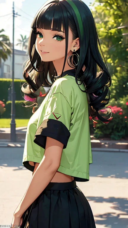 3D a is pele morena escura, (((solo))), telegram sticker, in the park sitting on the tree, creating a soft, skirt female, crop top look, short sleeve hoodie, big hoop earings(((retrato realismo))), (girl afro-americana) (((green hair))), (((close-up detailed facial features: 1.15))), (((ringlets, bangs hair))), , profile image, standing confidently, she is the center of the garden, smiling face, listing image, 8k, dreams
