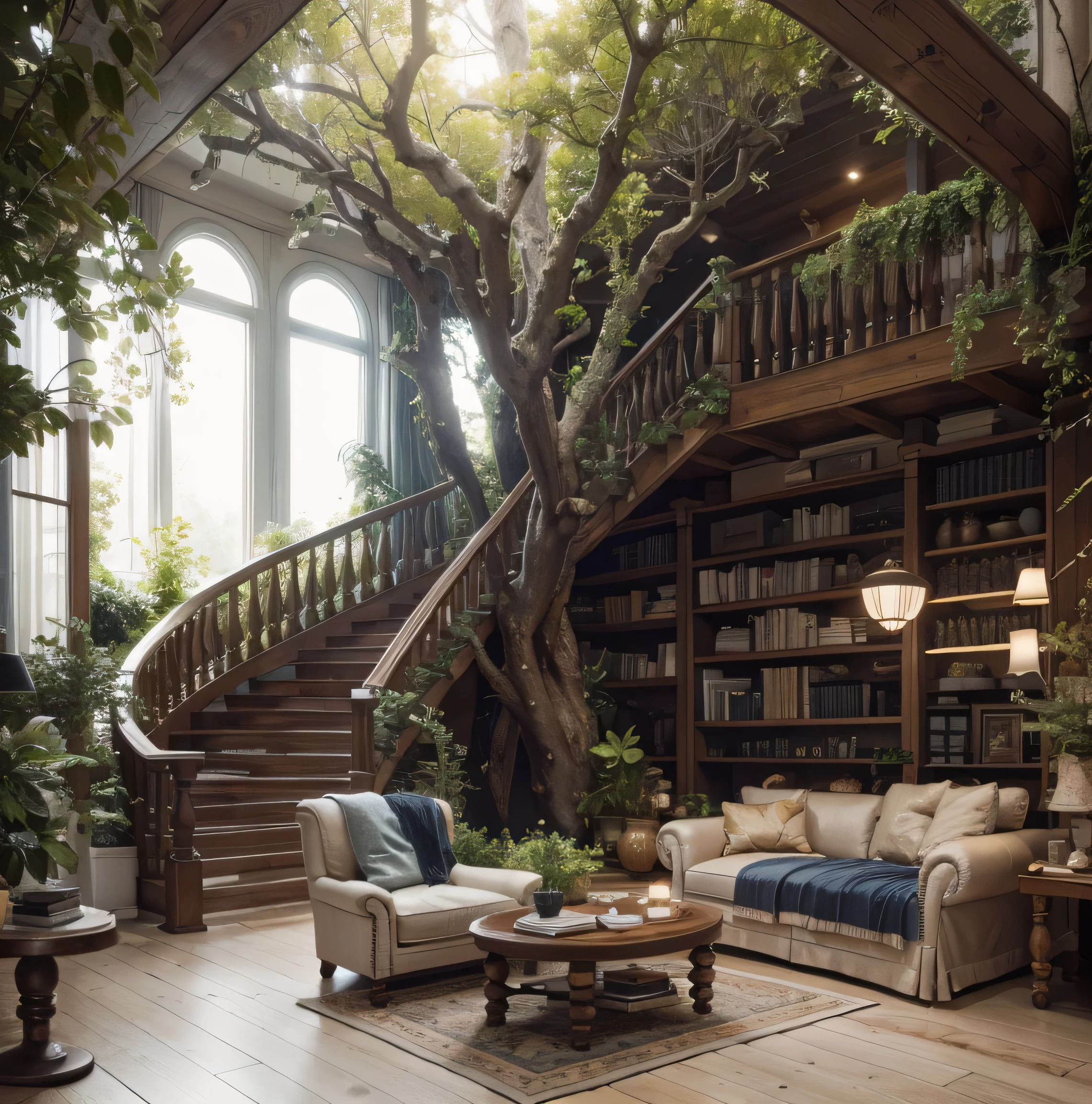 RAW photo, subject, 8k uhd, dslr, soft lighting, high quality, film grain, Fujifilm XT3, Realistic, Masterpiece, A modern Interior, living room, living room interior, in style of ultra realistic, super realistic render vray, vray 8k render, hyper realistic style, ( Duplex apartment with skylight ), brown sofa, rough tree trunk, Light shines through from the window