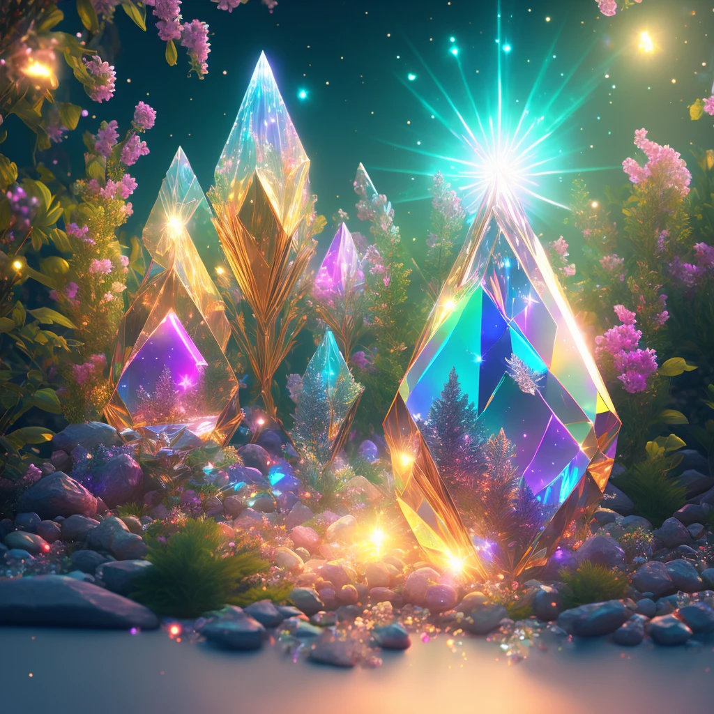 holy light, crystal rabbit, extremely detailed 3d animation, symmetrical rical center, forest background, flashing, bri ght, super clear, transparent, focused light, optics, sur realism, magic, fantasy, composition, rainbow color and starry sky s ky, popular in art station, pearls, 8k, hd