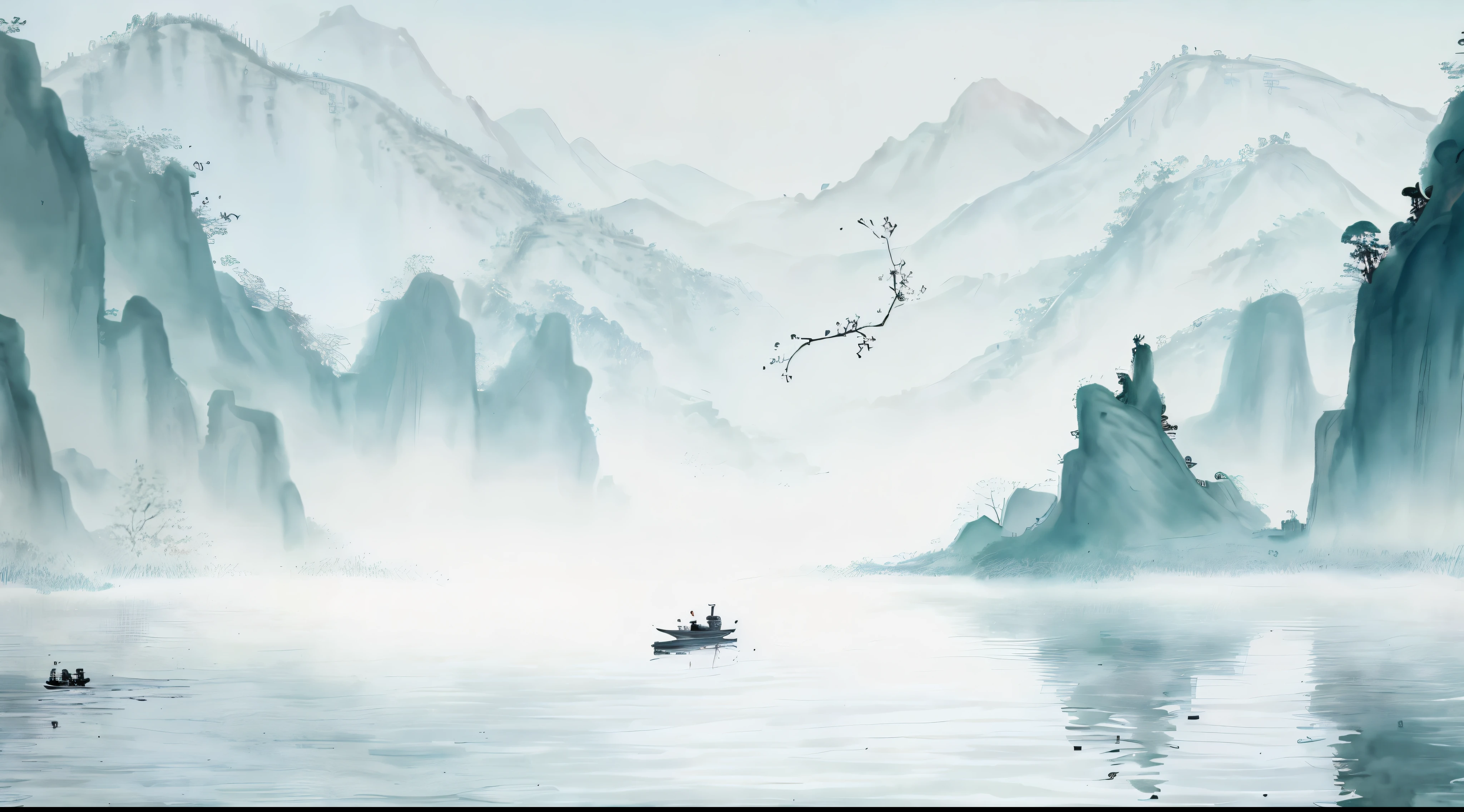 It turns out there is a boat floating on the water，Birds flying above, in peaceful scenery, Chinese landscape, Chinese painting, Serenity illustration, Inspired by Ma Yuan, Chinese painting风格, peaceful scenery, Chinese watercolor style, author：Xu Xi, peaceful scene, Inspired by Xie Shichen, peaceful scene, author：Qu Leilei, Chinese ink painting, Chinese traditional ink painting