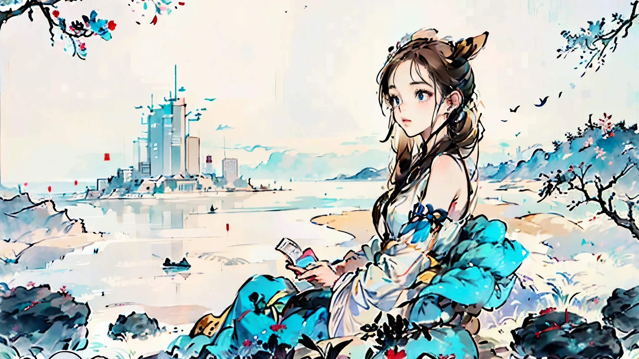 A girl sitting in the shade reading a book。headphone