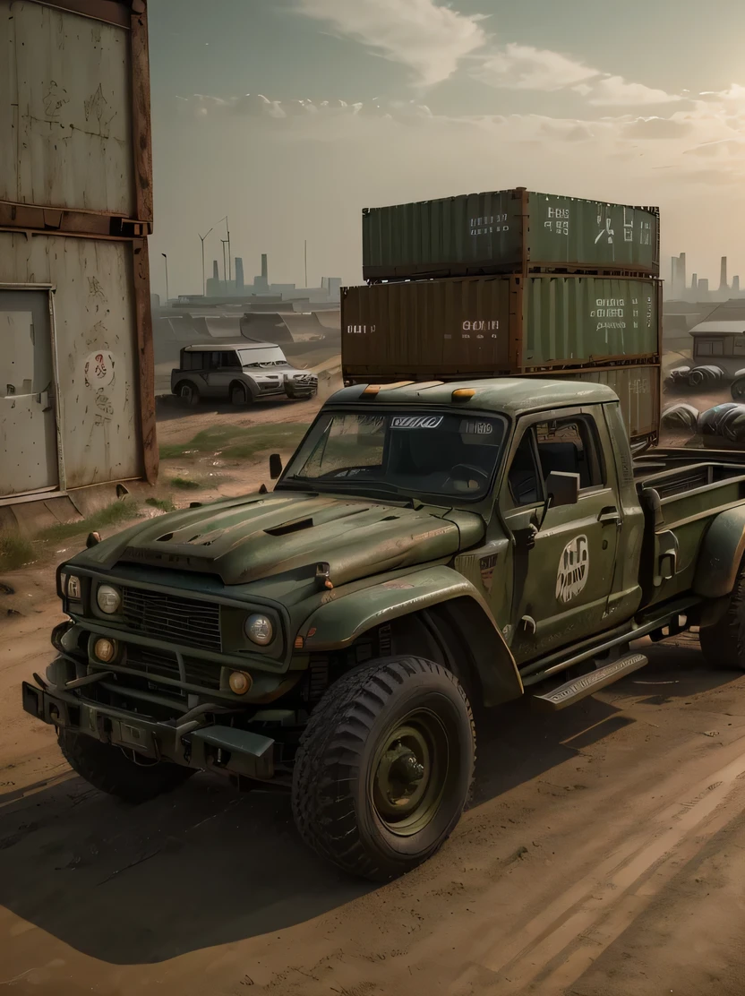 ((masterpiece、highest quality、genuine、Super detailed、High resolution、sharp focus、Live shooting、cinematic lighting))、((vehicle focus、there are no humans))、Huge truck loaded with containers、Long body、A six-tired transport vehicle、Abandoned city at dusk、Olive drab paint、postapocalypse、zeekars
