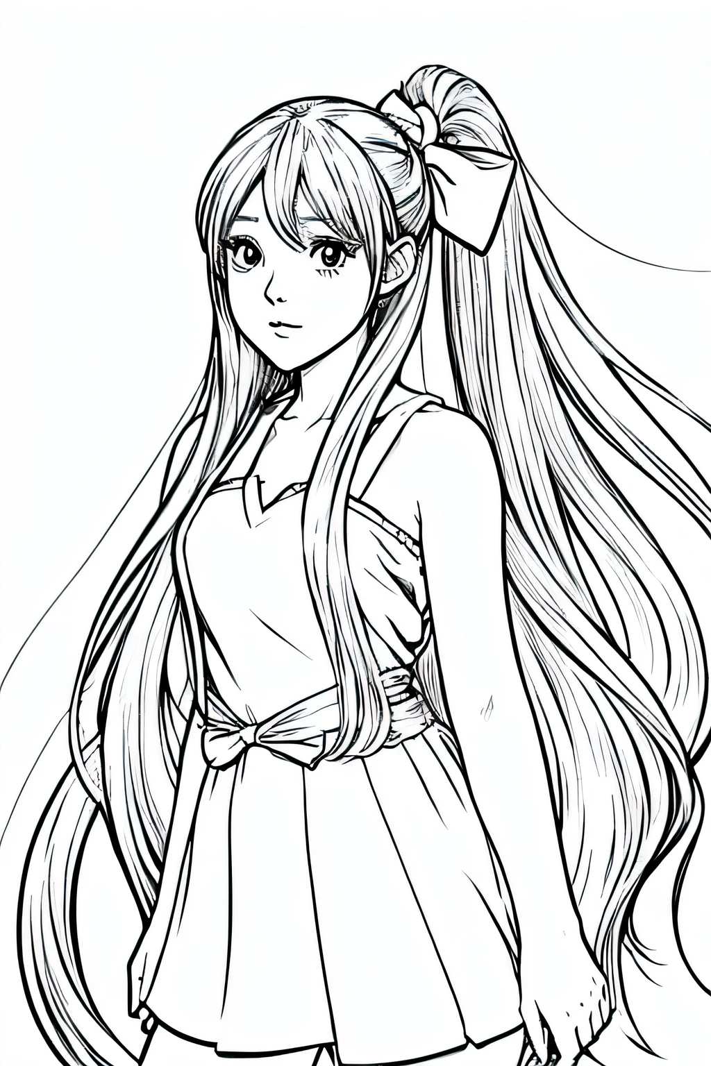 Anime line drawing，Draw a girl with long hair and a bow, clean anime outlines, anime sketch, anime long hair girl, anime style, anime shadow), perfect lines, anime drawing, clean lines, Thick black draw line, Very cute anime girl face, draw line!!, thick line art, realistic young anime girl, young anime girl, line art!!