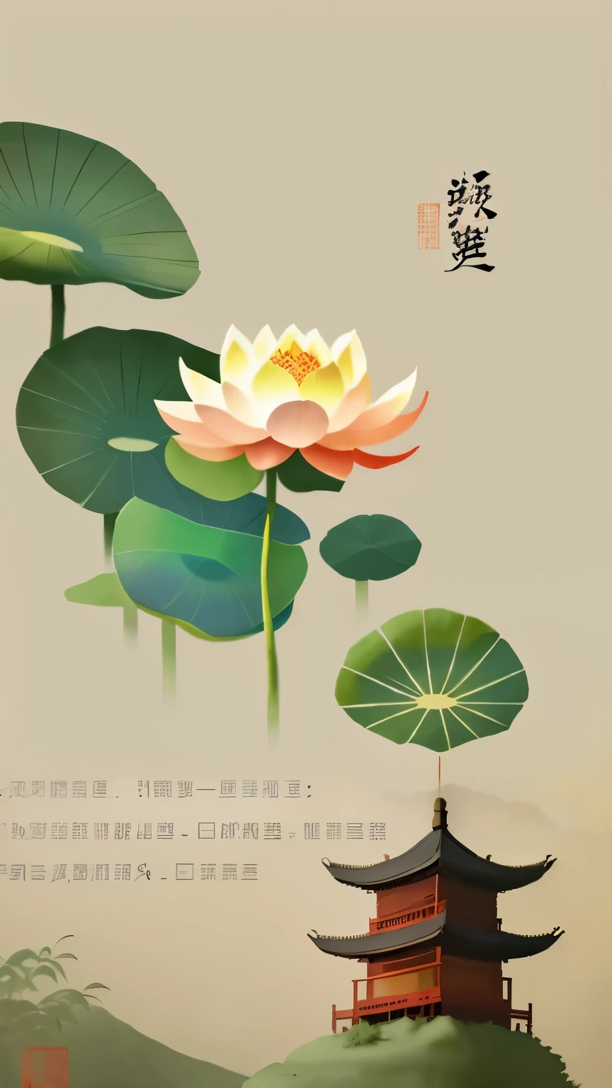 there is a painting，There is a building in the painting，There is a lotus on it, Chinese watercolor style,  Chinese painting style, Chinese brush illustration,poster, Chinese style, Chinese ink paintingChinese ink painting, poster, Chinese style,  Chinese ink painting, On the promotion of integrity，simple background，Focus on typical、Strong support、Promote consumption、Increase vitality、Excellent environment、Benefiting the people and enterprises，Cultivate honest individuals、Honest Merchant、Honest Enterprise