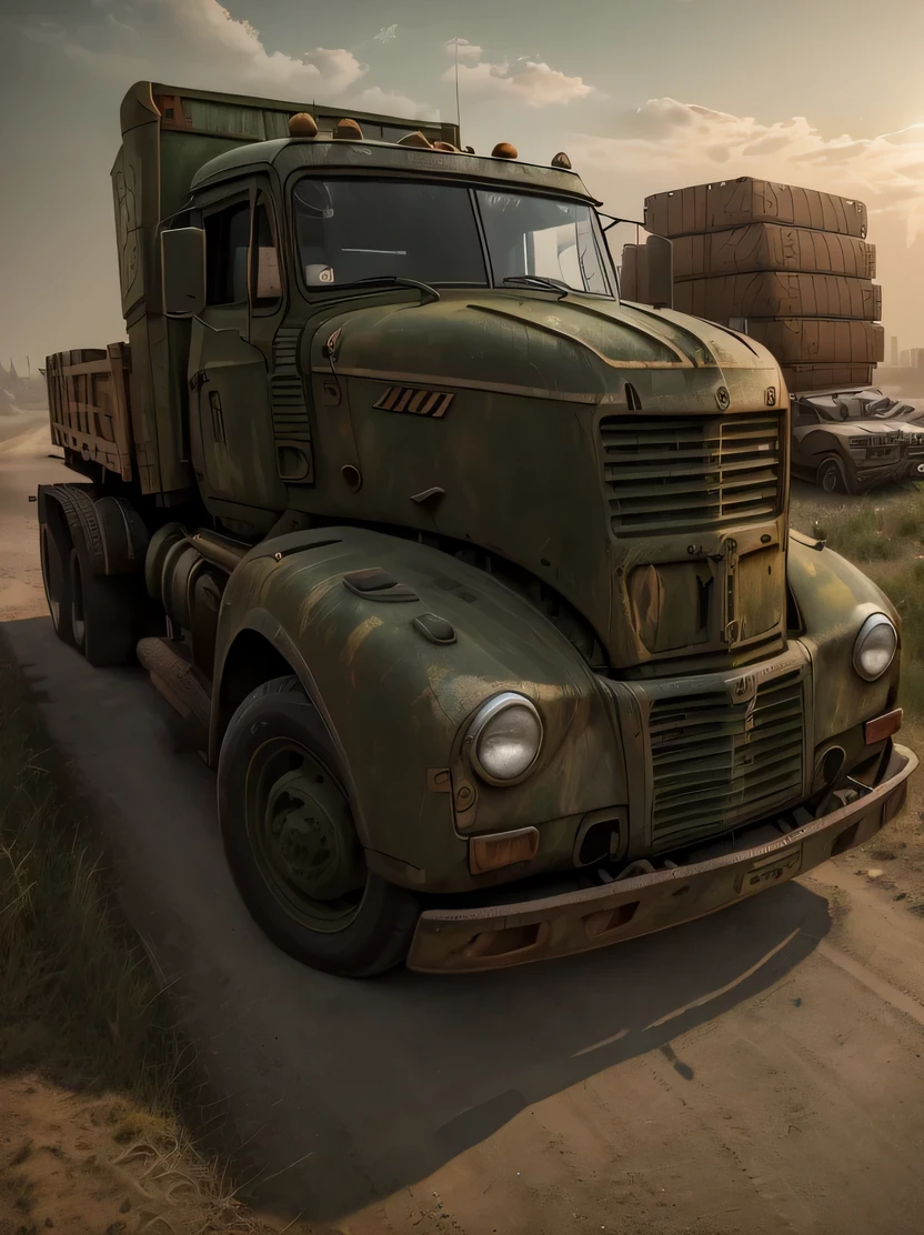 ((masterpiece、highest quality、genuine、Super detailed、High resolution、sharp focus、Live shooting、cinematic lighting))、((vehicle focus、there are no humans))、A huge bonnet truck loaded with containers、Long body、A six-tired transport vehicle、Abandoned city at dusk、Olive drab paint、postapocalypse、zeekars